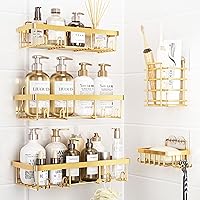 Liuoud 5 Pack Gold Shower Caddy Organizer - Rustproof Stainless Steel No-Drill Adhesive Shelves, Shampoo Holder, Soap & Toothbrush Rack for Bathroom