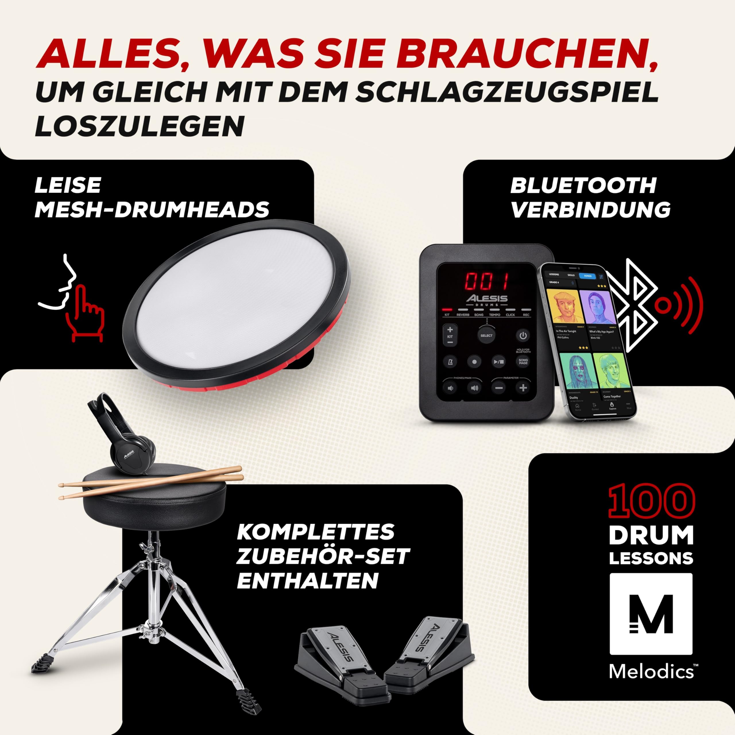 Alesis Turbo Max Schlagzeug Elektronisch mit leisen 8-Zoll Mesh Pads, Lektionen, Bluetooth und Zubehör, faltbar