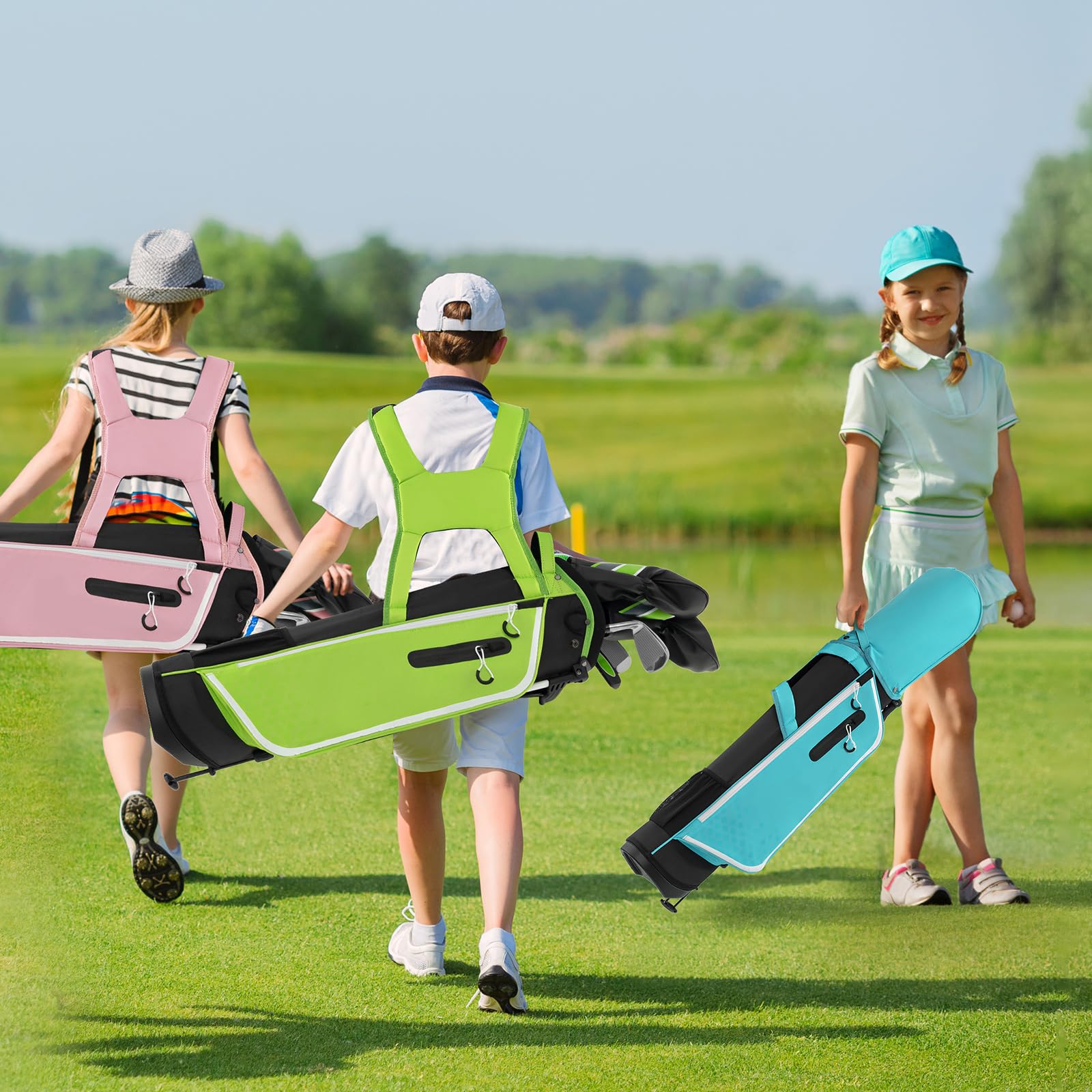 COSTWAY Juego de Palos de Golf para Niños de 11 a 13 Años, Incl. Bolsa de Soporte con Capucha para Lluvia, Conductor N.° 1, Híbrido N.° 5, Hierros y Putter N.° 7 N.° 9, para Diestros