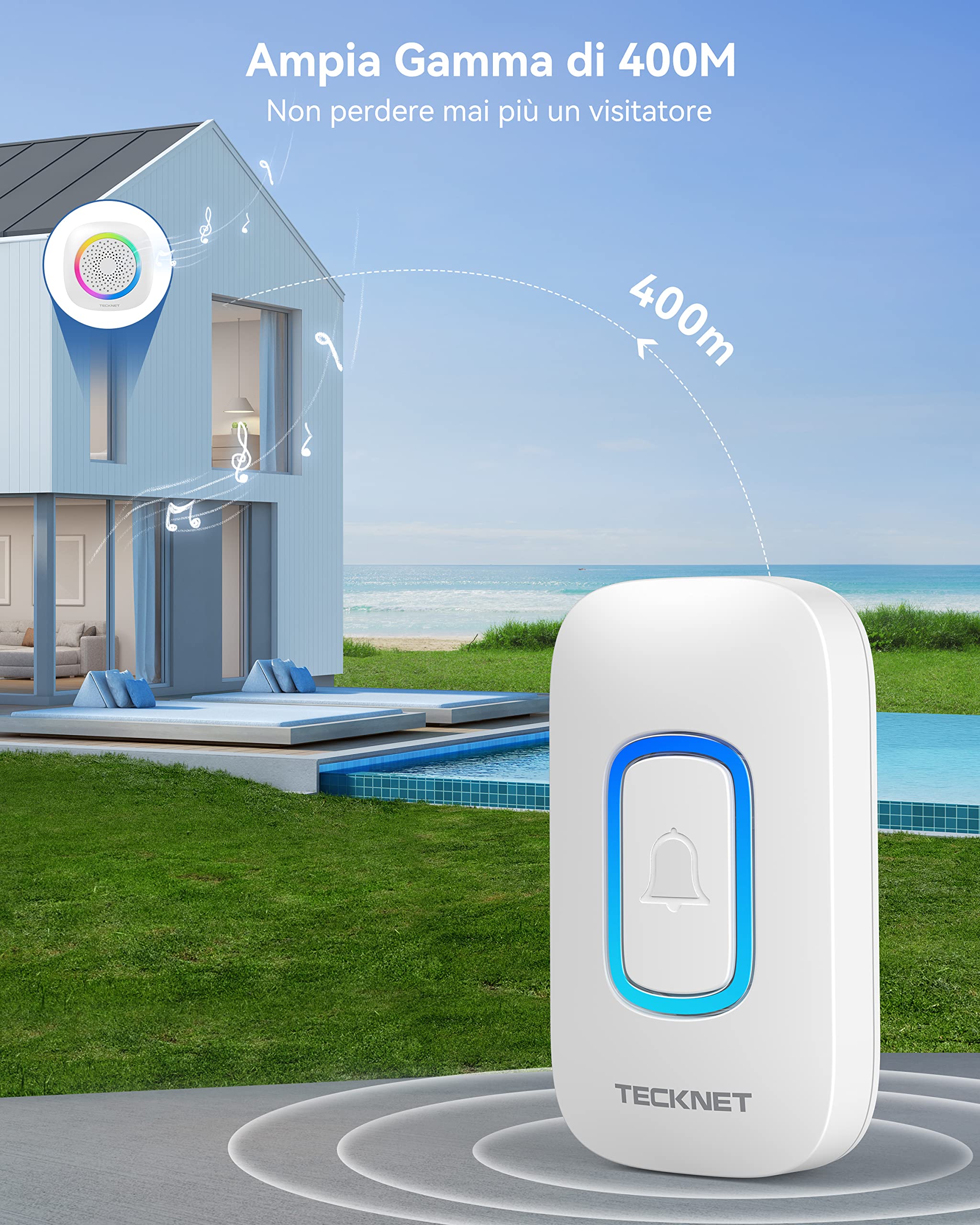 TECKNET Campanello Senza Fili Alimentato a Batteria Impermeabile IP66, Portata 400M, 5 Livelli Volume 60 Melodie, Batteria Rimovibile RGB Campanello Wireless Esterno per Casa, Ufficio, Emergenza ecc