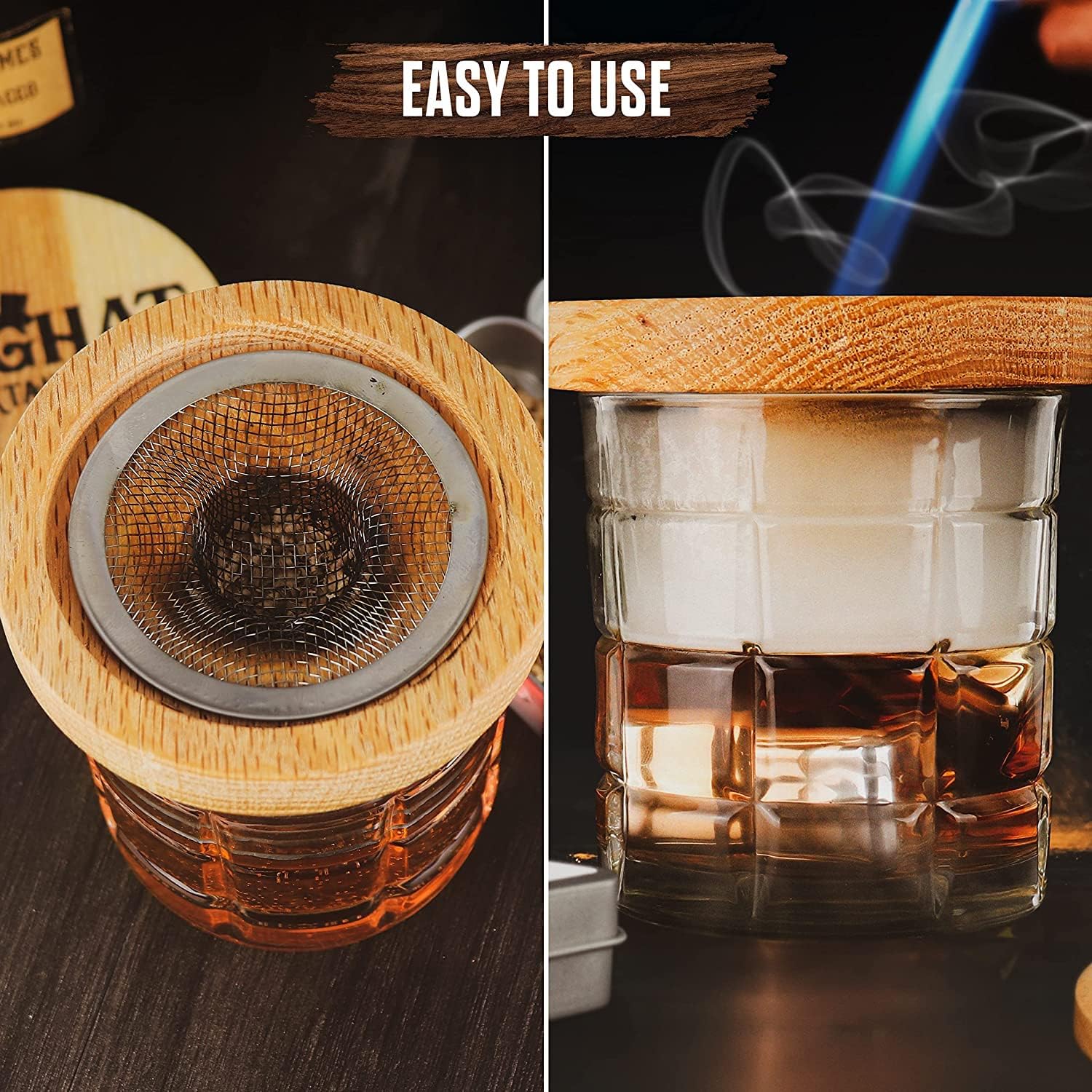 The Foghat Cocktail Smoker and Old Fashioned Smoked Cocktail Kit with Torch (no Butane) w/Bourbon Barrel Oak Wood Chips (4oz) and Singlez Bar Old Fasioned Mix Packets - Whiskey Smoker Kit for Drinks