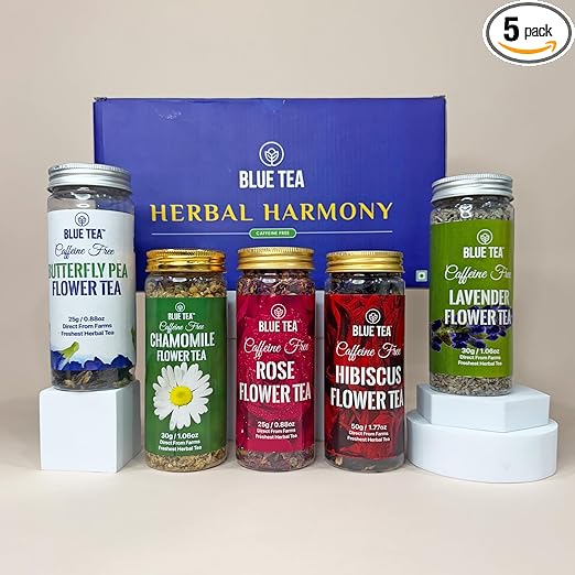 BLUE TEA - Herbal Harmony Tea Gift (5 Flower Tea - 160g) | WELLNESS SURPRISE | Floral Flavors - Caffeine Free - Herbal Tea - Vegan - Non-Bitter | Variety Pack | Gift Pack