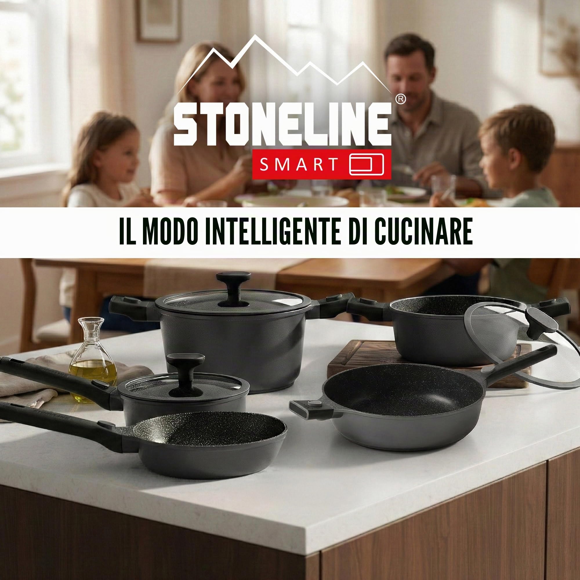 STONELINE SMART Padella Alta 28 cm, 4 L Padella Induzione Grande con Coperchio, Manico Rimovibile, Alluminio Pressofuso, Tutti i Tipi Piani Cottura, Antiaderente con Vere Particelle di Pietra, Grigio