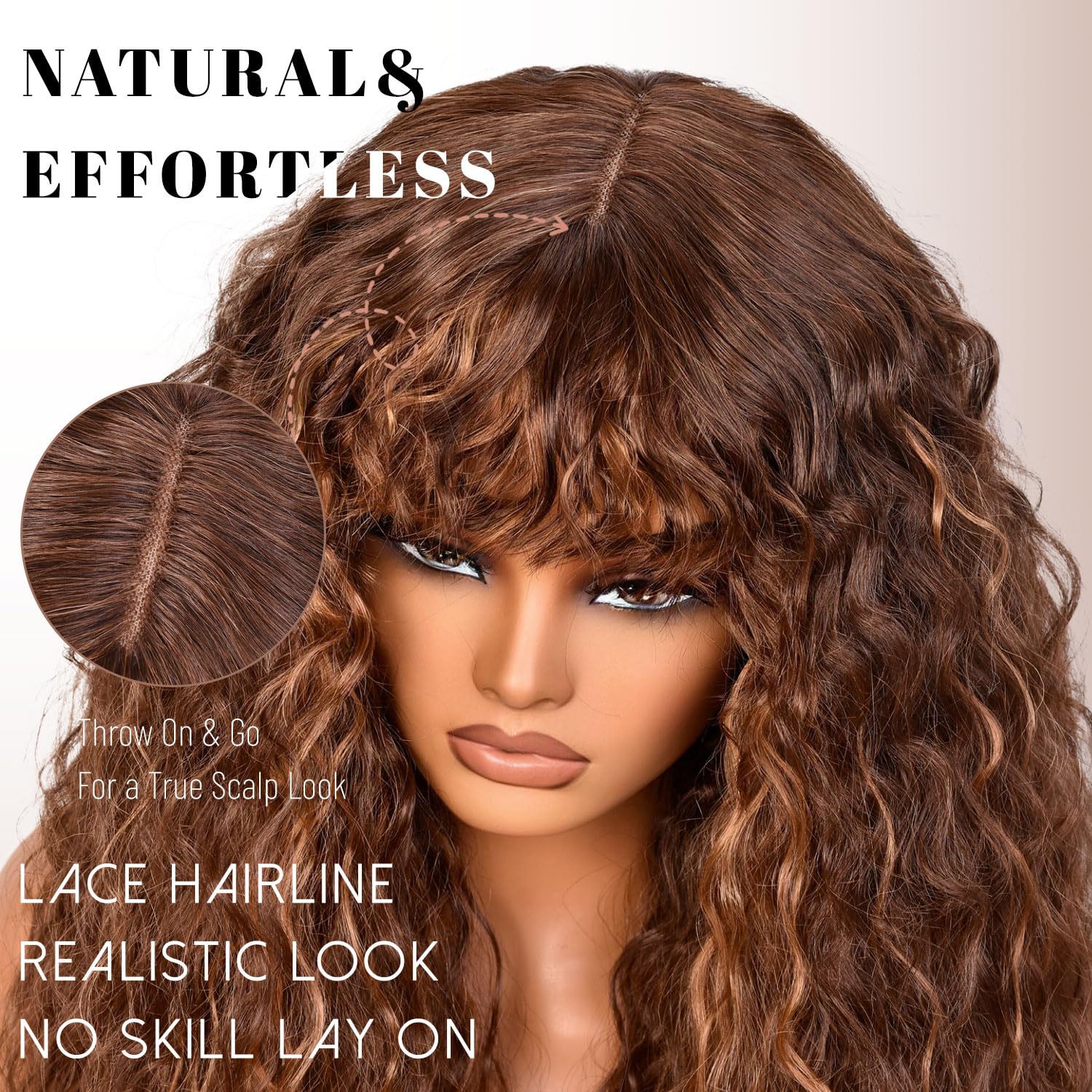 Lizzy 18Inch Curly Human Hair Wigs for Women with Bangs Bouncy Natural Curly Wig 180% Density Long Kinky Curly Hair for Daily Use (Highlight Mix Brown) - Image 4