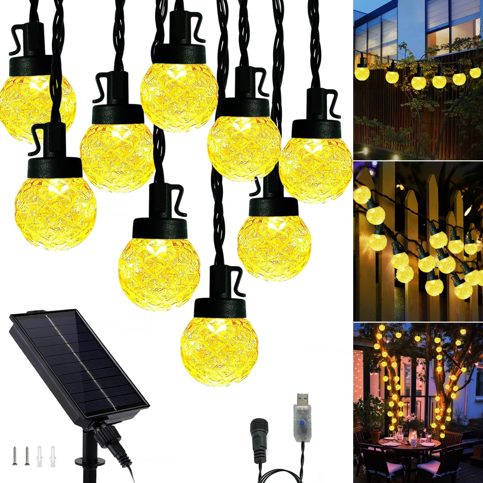 Stringa di luci solari per esterni, 10 m, 8 modalità, globo di cristallo, spina USB, luci natalizie per esterni, recinzioni, patio, cortile, feste, albero, decorazione per interni ed esterni