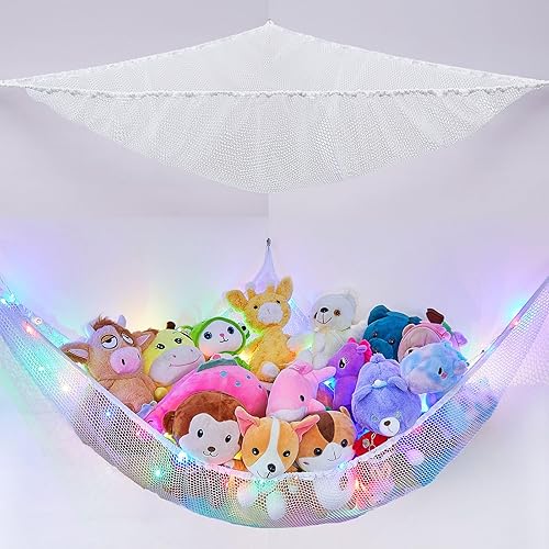 Basumee Red de animales de peluche o hamaca con luz LED, hamaca de red de juguetes para almacenamiento de animales de peluche, hamacas para
