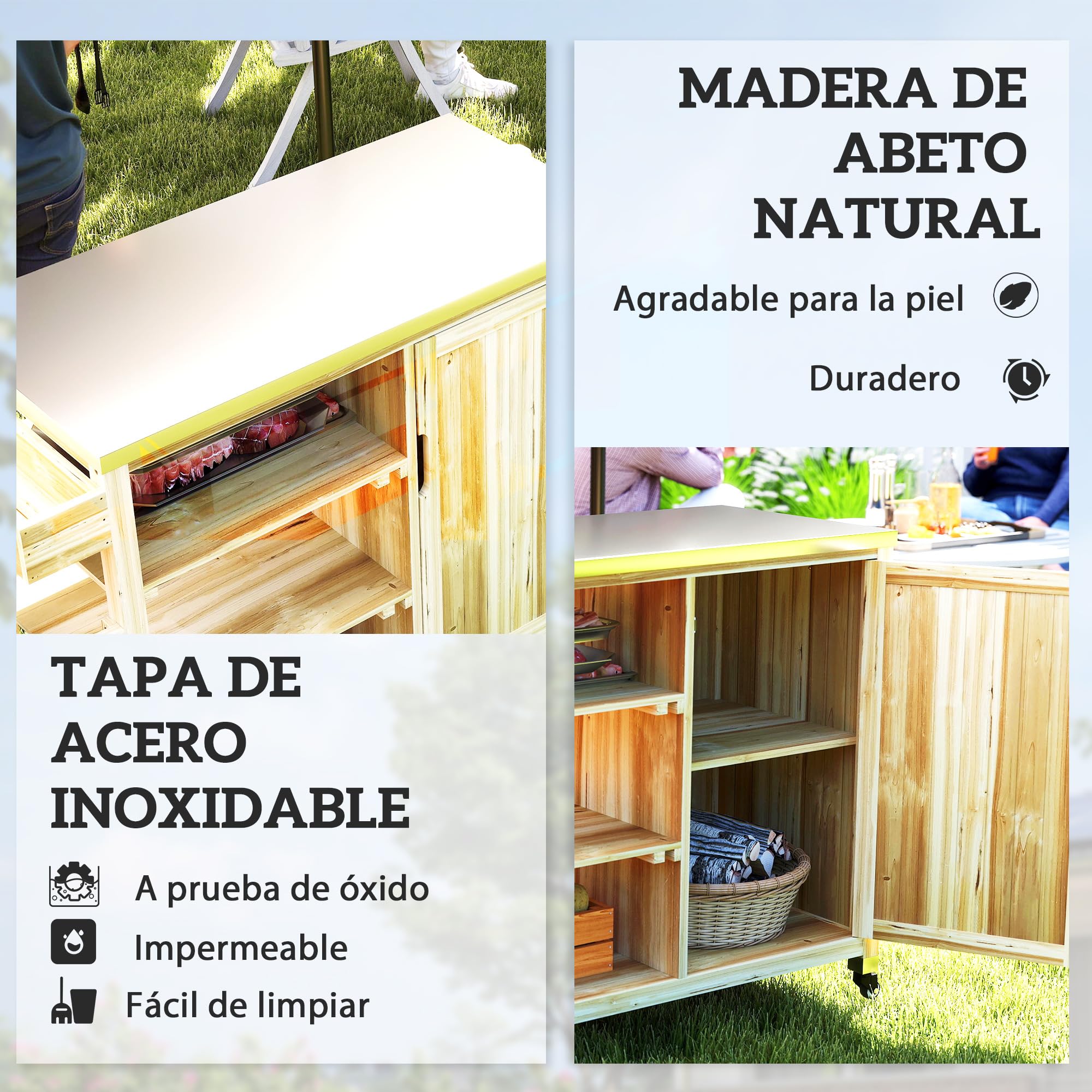Outsunny Carrito de Parrilla Carrito de Barbacoa con 4 Ruedas Carro de Servicio de Madera Encimera de Acero Inoxidable Toallero y Especiero Estantes Armario para Patio Jardín 134,5x50x91,5 cm Natural
