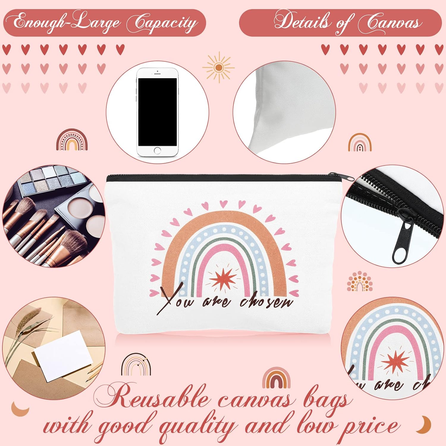 Pinkunn Valentines Rainbow Canvas Cosmetic Bag Bulk Gift for Women with Inspirational Quote Keychains Set 16 Pcs Cosmetic Bags 16 Pcs Keychains You are Amazing Beautiful Kind Travel Pouch Zipper - Image 3