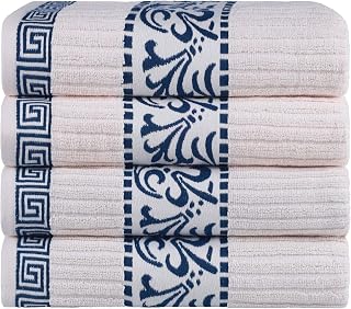 Superior 4-Piece Bath Towel Set, Greek/Floral Decor for Bathroom, Guest Bath, Spa, Resort, Home Essentials, Absorbent Cotton, Adults and Kids, Fast Drying Towels, Athens Collection, Ivory-Navy