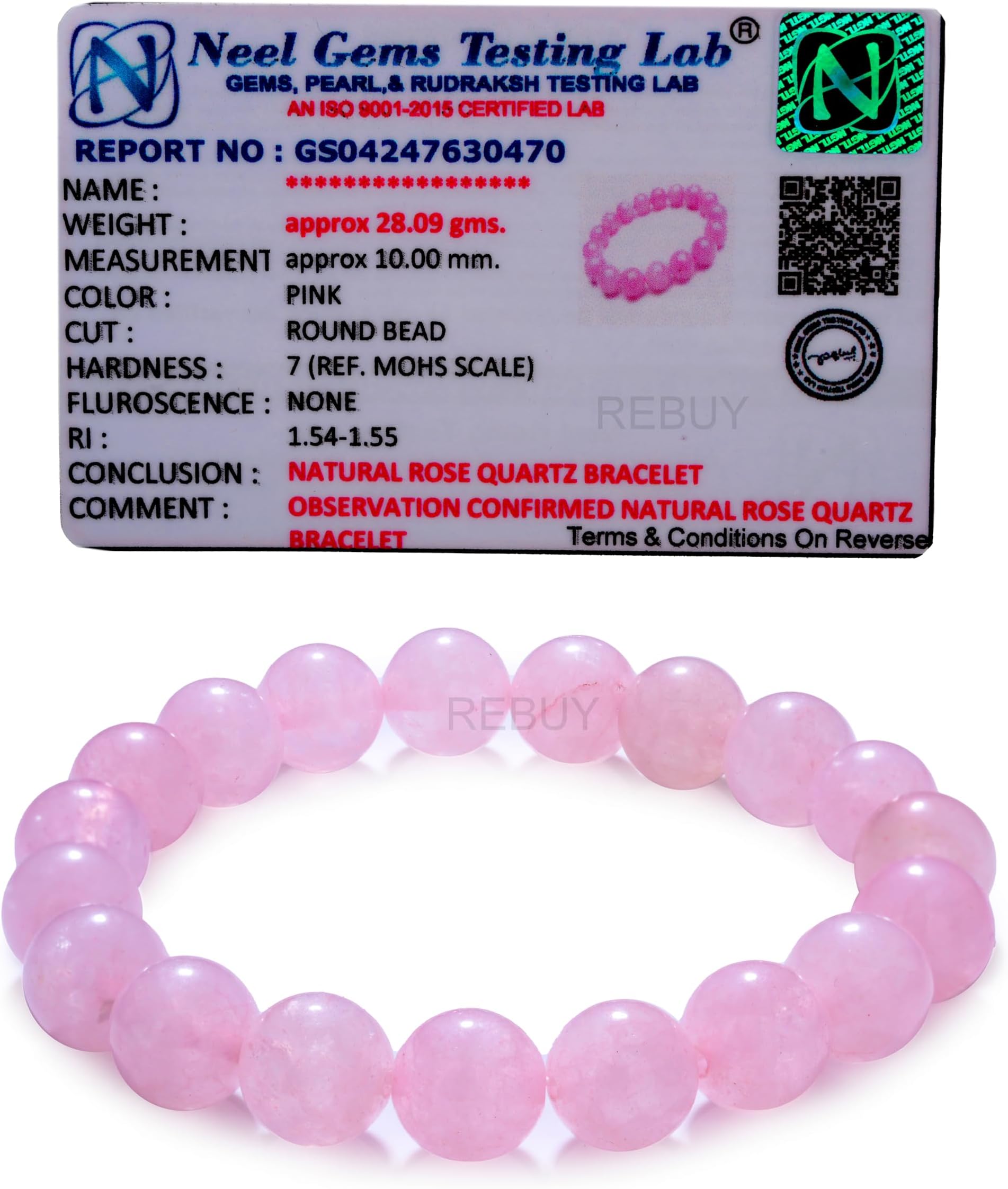 Rebuy 10mm Natural Rose Quartz Stretch Bracelet โ Genuine Pink Crystal, Heart Chakra Balance & Love Stone, Authenticity Certificate, Unisex Gift