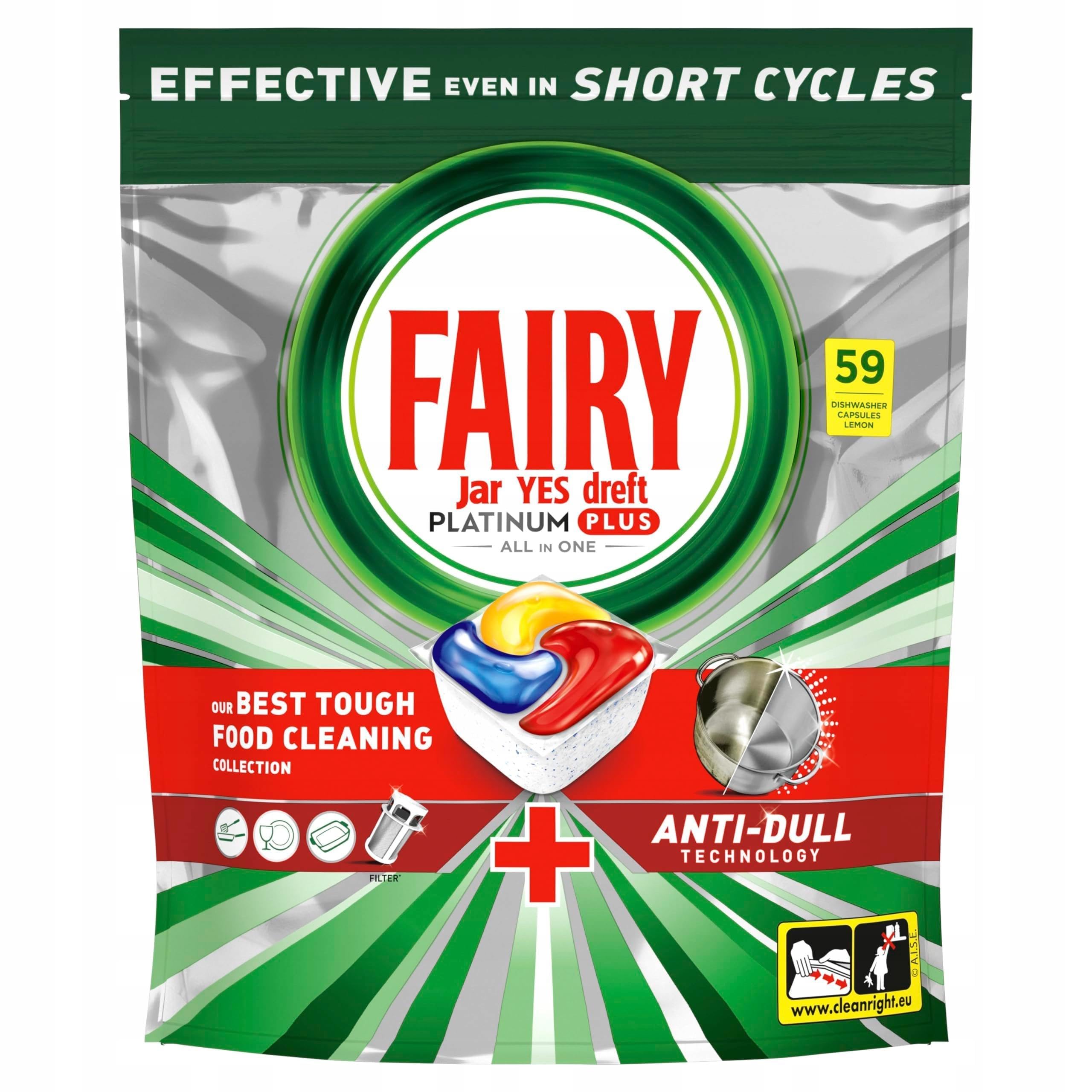 Fairy Platinum Plus, Kapsułki do zmywarki, Fresh, All-in-One, 59 sztuk, System mycia wstępnego, Usuwa osad i tłuste plamy
