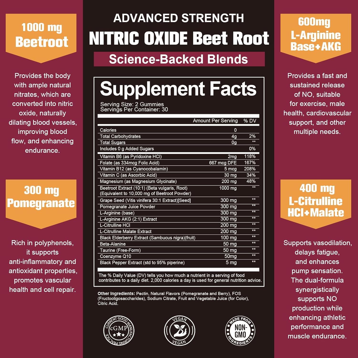 Totaria (2 Packs) Beet Root Gummies - Beetroot Supplement with Grape Seed, Pomegranate, Vitamin C, B12 & B3 - Nitric Oxide Gummies for Heart, Energy, Muscle & Circulation Support Vegan, Non-GMO