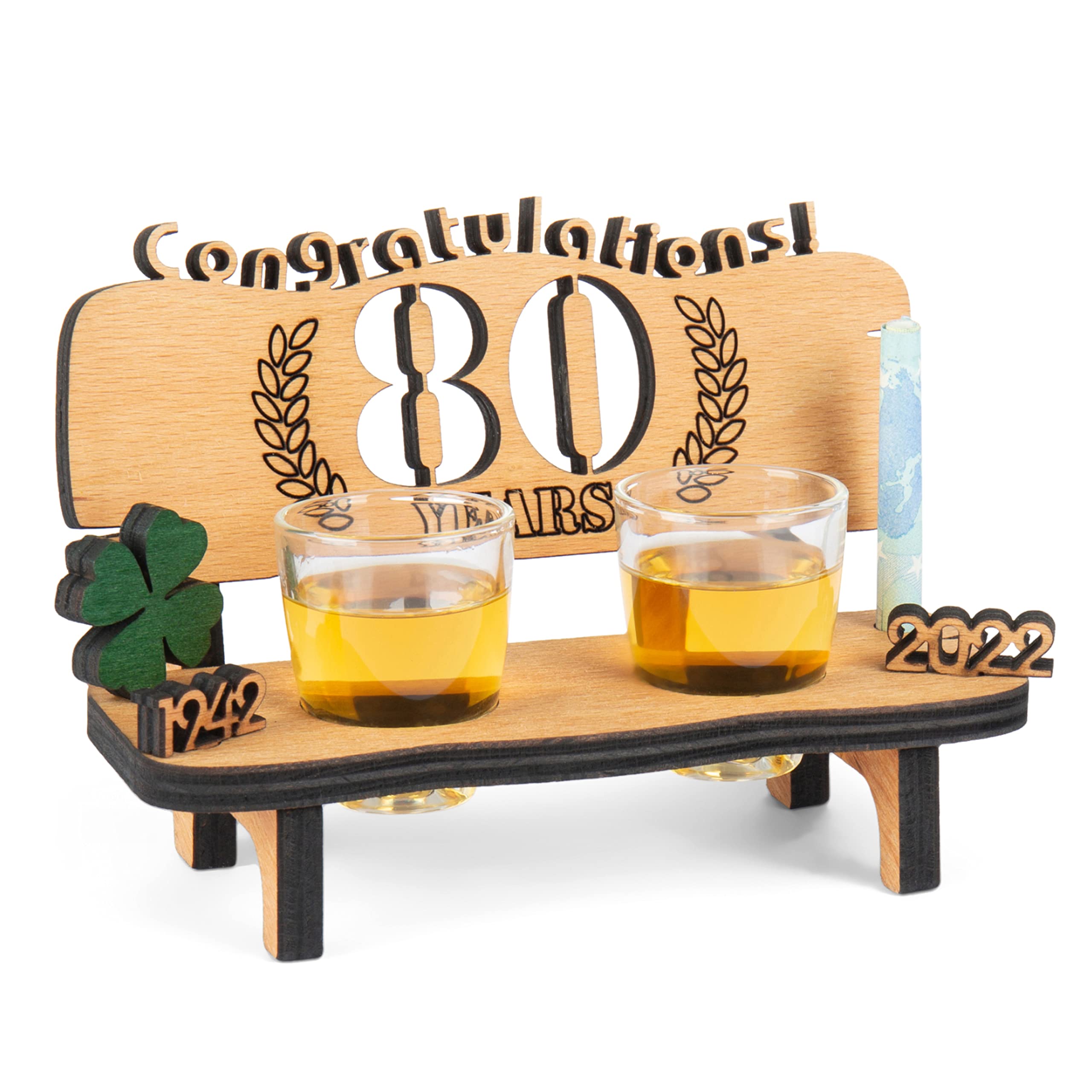 Banc en bois avec verres à shot 80 gravure quatre feuilles bois