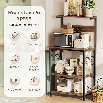 SUPERJARE Kitchen Bakers Rack with Power Outlet, Coffee Bar Table 4 Tiers, Kitchen Microwave Stand with 6 S-shaped Hooks, Kitchen Storage Shelf Rack for Spices, Pots and Pans - Rustic Brown