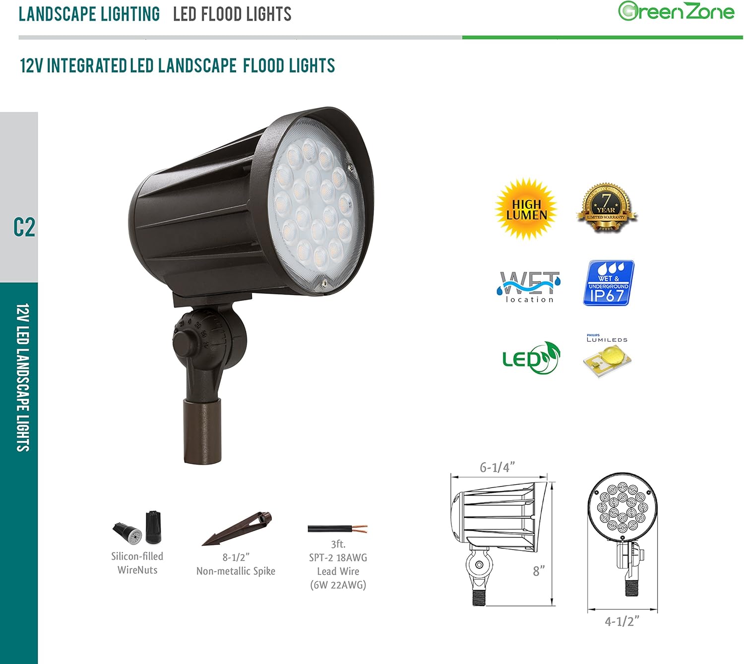 Westgate Lighting LED 12 Volt Outdoor Landscape Garden Bullet Flood Lights - Path Walkway Lawn Spotlights - Wire/Spike Accessories Included - IP67 Waterproof - High Lumen (32W 3000K Warm White Bronze)