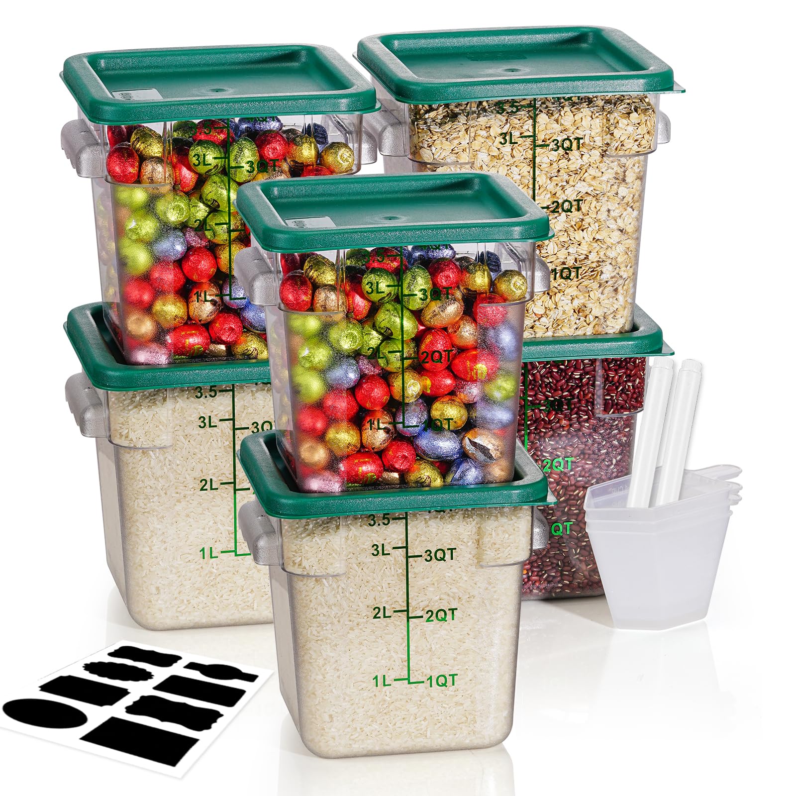 4QT 6PCS NSF Commercial Clear Food Storage Containers with Lids(GREEN)