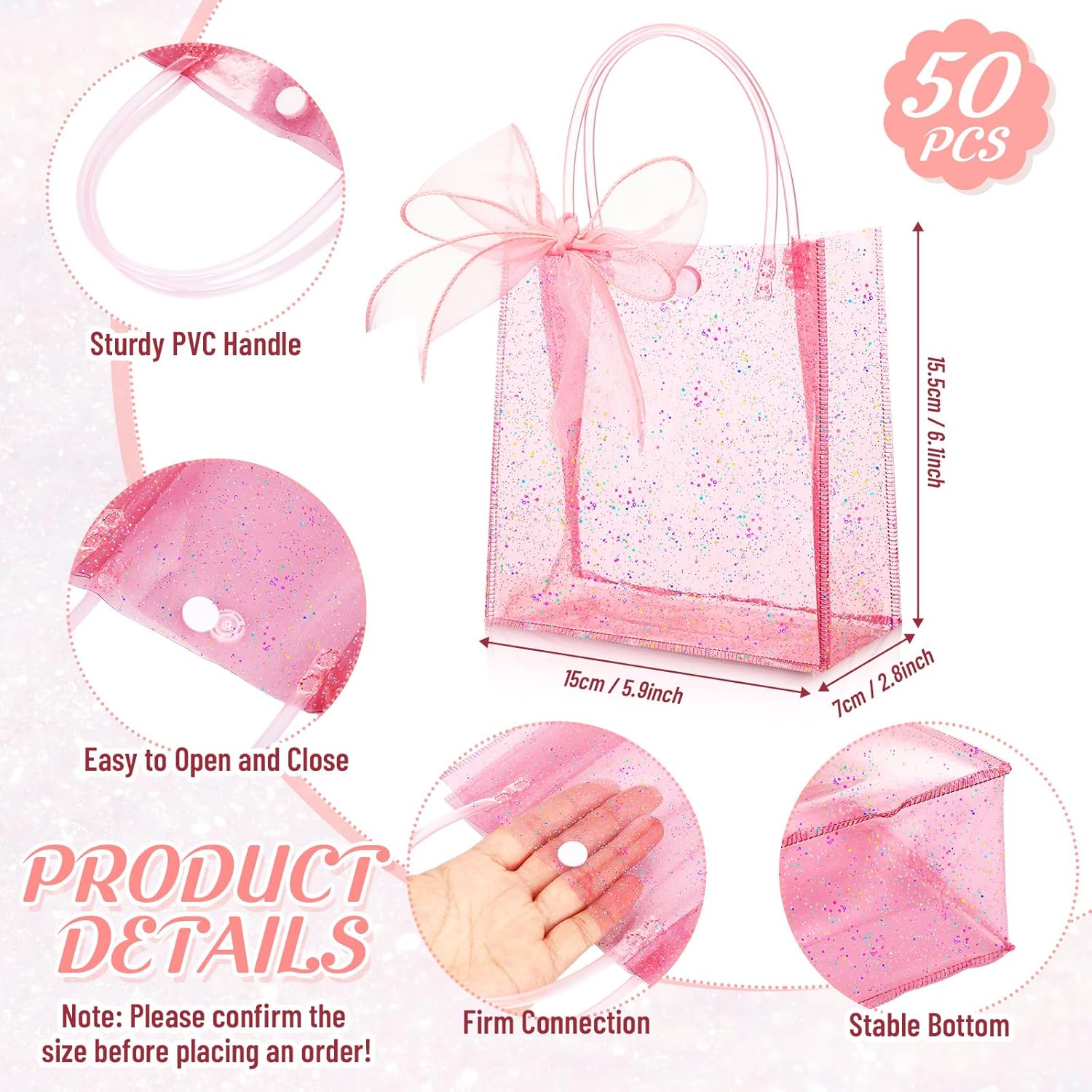 Sayglossy 50 Pcs Clear Pink Gift Bags with Handles 6.1 x 5.9 x 2.8 Inch Wedding Transparent Glitter Tote with Ribbons Reusable PVC Gift Wrap Bags for Baby Bridal Shower Birthday Party