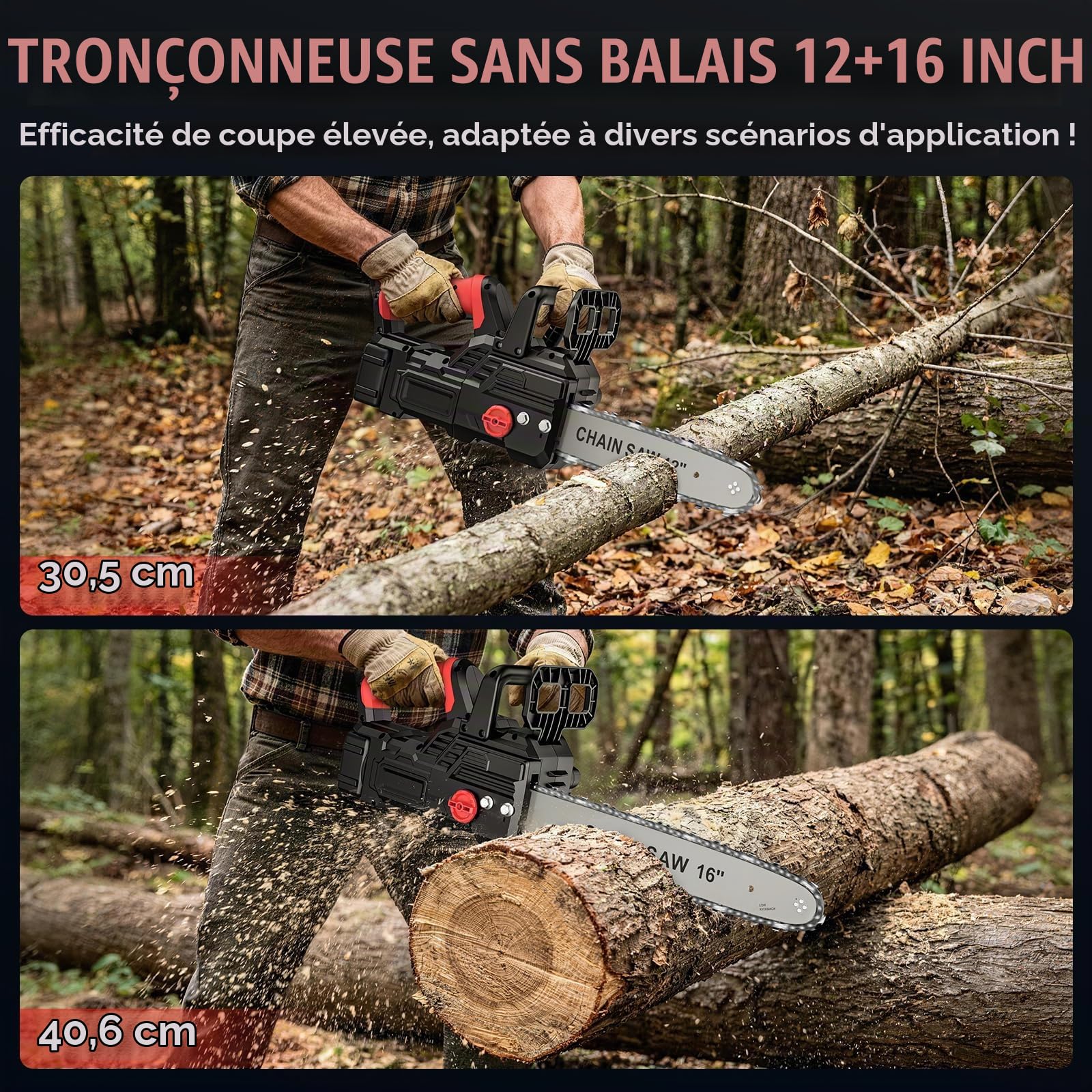 Tronconneuse a Batterie 12+16 Pouces, Tronçonneuse Électrique sans Fil avec 2 x 4,0 Ah Batteries, 1050W Moteur Sans Balais, Écran LCD, Graissage Automatique & Tension de Chaîne Sans Outil
