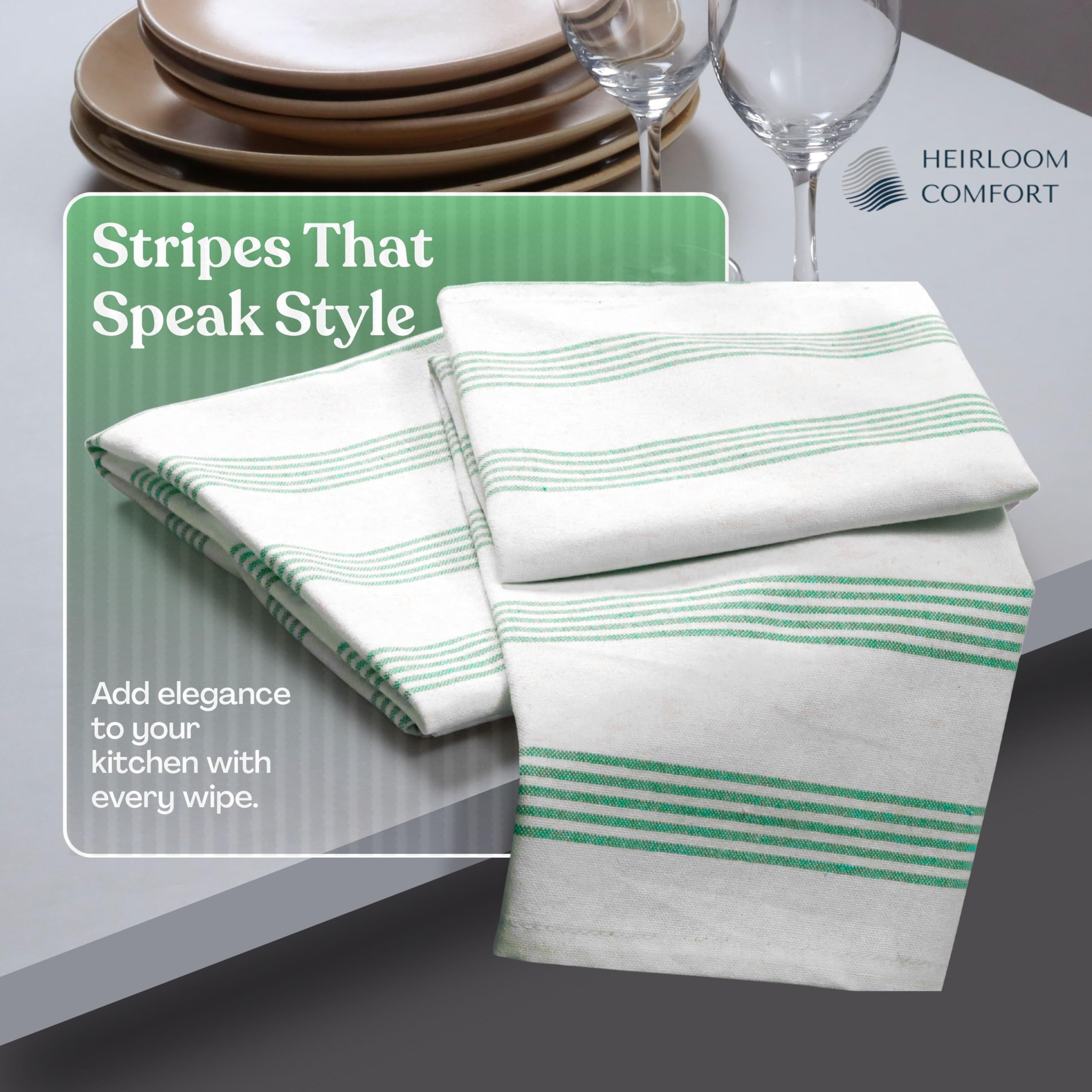 Strofinacci da cucina a righe verde mare (confezione da 12), ad asciugatura rapida, ultra assorbenti e durevoli, 100% cotone, a righe multiple, per asciugare i piatti, pulire e pulire