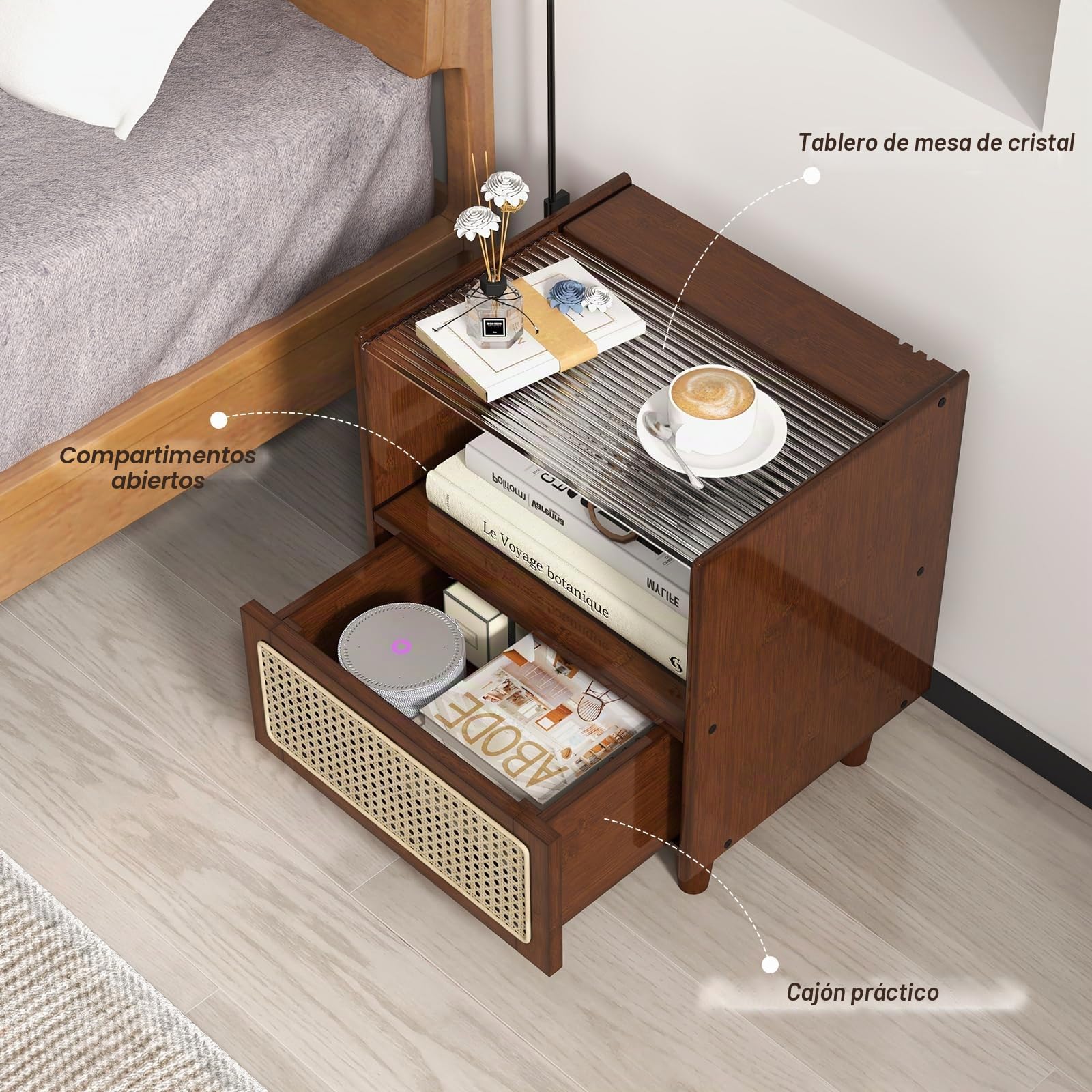 RELAX4LIFE Mesita de noche con cajón de ratán y estante abierto, mesita de noche con mesa de cristal y ranuras para cables, consola de noche de bambú, mesa auxiliar para salón o dormitorio (2, marrón)