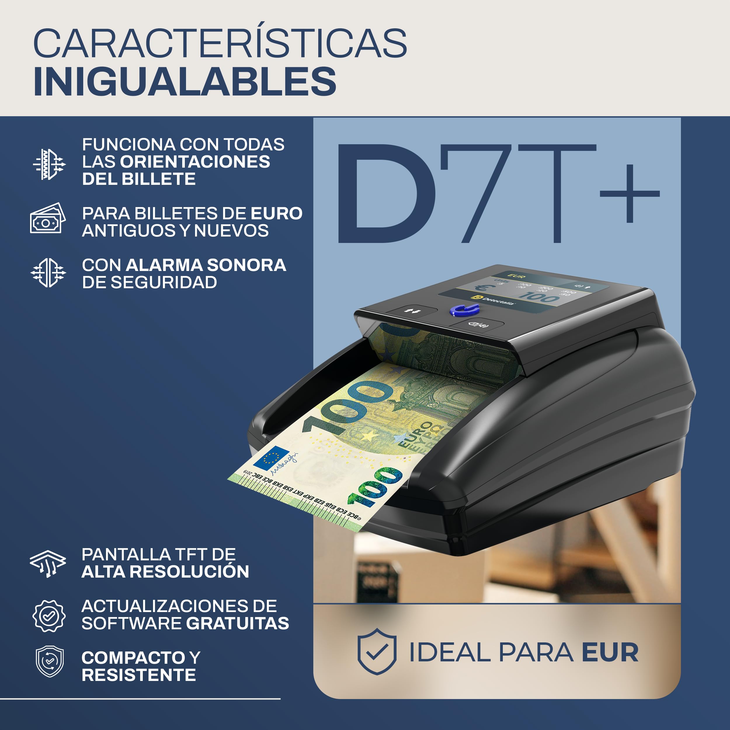 Detectalia D7T+ Detector de Billetes Falsos con 100% detección, 5 Sistemas de detección para 3 divisas EUR, GBP, USD y Pantalla Color TFT