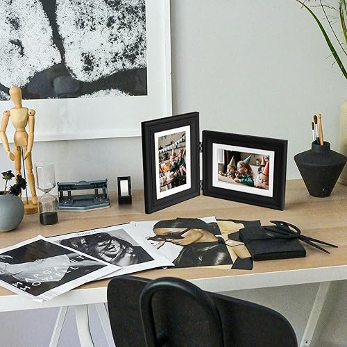 Miniatura 6 de Marco de fotos doble de madera con bisagras de 5 x 7 pulgadas vertical y horizontal en negro, pantalla de 4 x 6 pulgadas con paspartú o 5 x 7