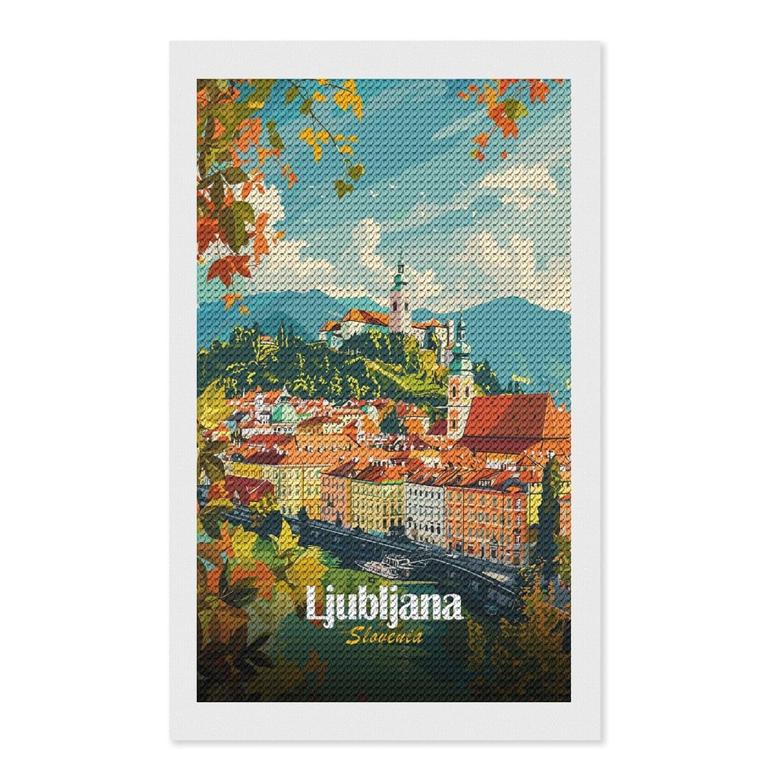 Junmoney Ljubljana, Slovenia Cityscape Diamond Art Canvas 12"x20", Full Kit Included, Bedroom Decor, for Beginners, Thoughtful Handmade Gift