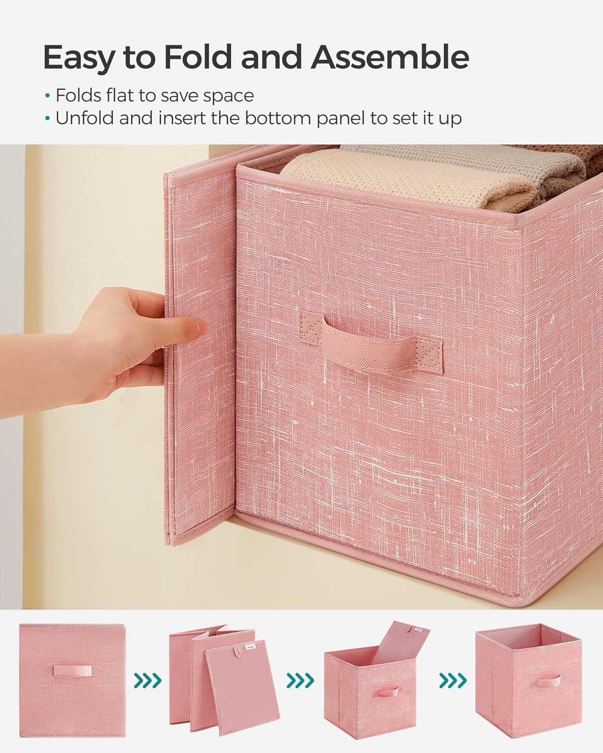SONGMICS Storage Cubes, 11-Inch Non-Woven Fabric Bins with Double Handles, Set of 6, Closet Organizers for Shelves, Foldable, for Clothes, Jelly Pink UROB026R01 - Image 4