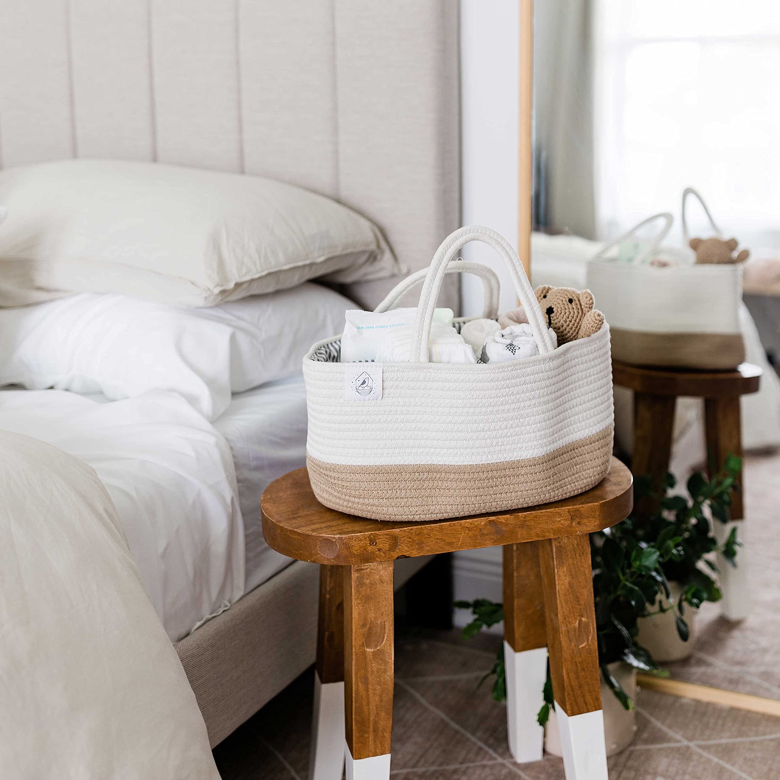 OrganiHaus Panier Rangement en Corde pour Bébé - Organiseur à Couches, Articles de Puériculture et Cadeaux Nouveau-Nés, avec Poignées - Miel/Blanc