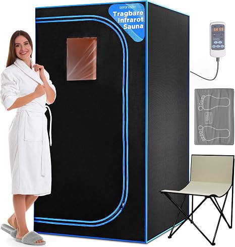 SereneLife Dampfsauna Zelt Schwarz 70 x 80 x 98 cm – Tragbare Heimsauna mit Stuhl und Heizmatte Faltbare Mini Sauna - Mobile Dampfbad Kabine bis 60 °C Carbon-Heizelement und Fernbedienung (Stehsauna)