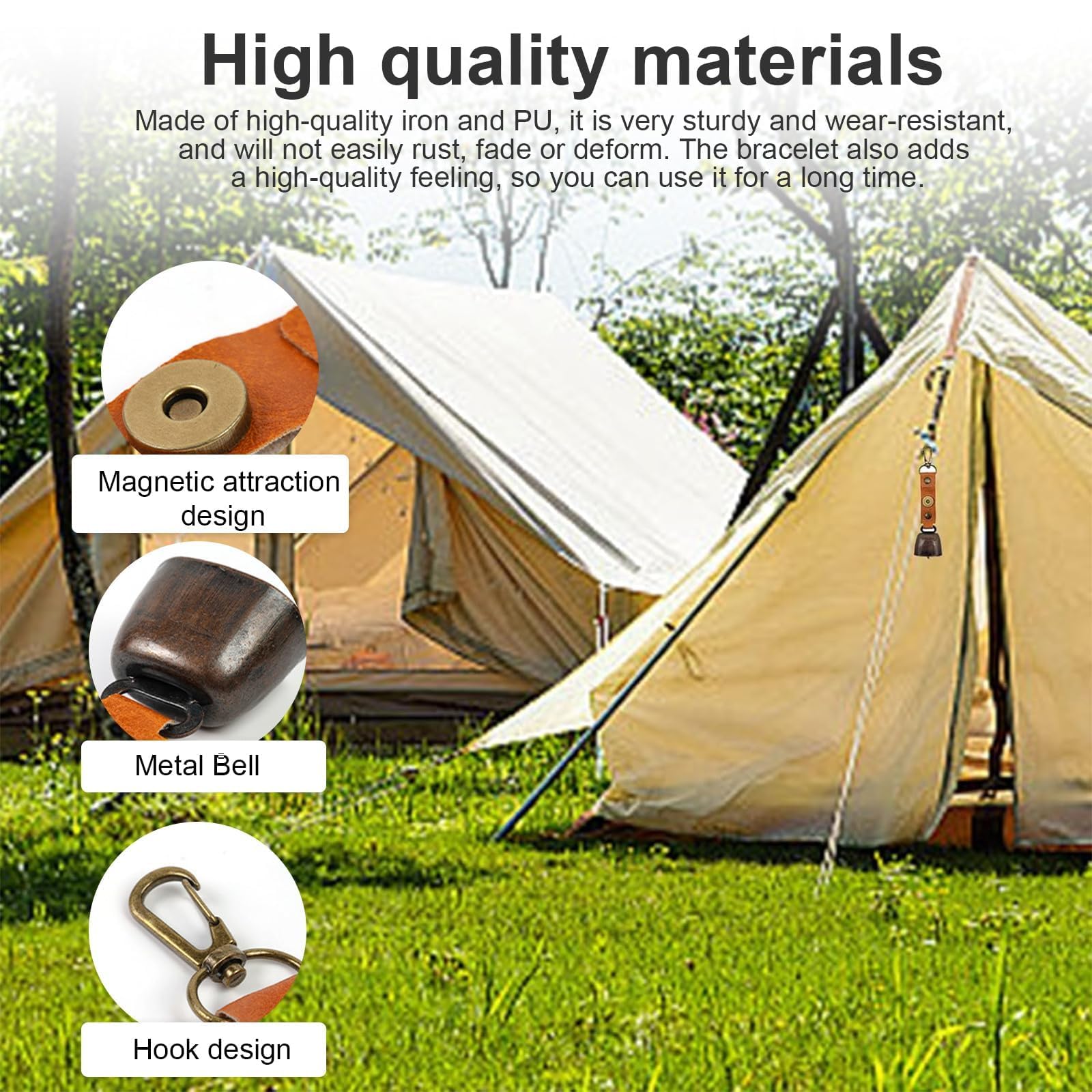 HASLED Cencerro Anti-Oso 4 Unidades - Campana Metal con Hebilla Integrada - Silenciador Magnético - para Senderismo y Decoración Exterior (14x3.5 cm)