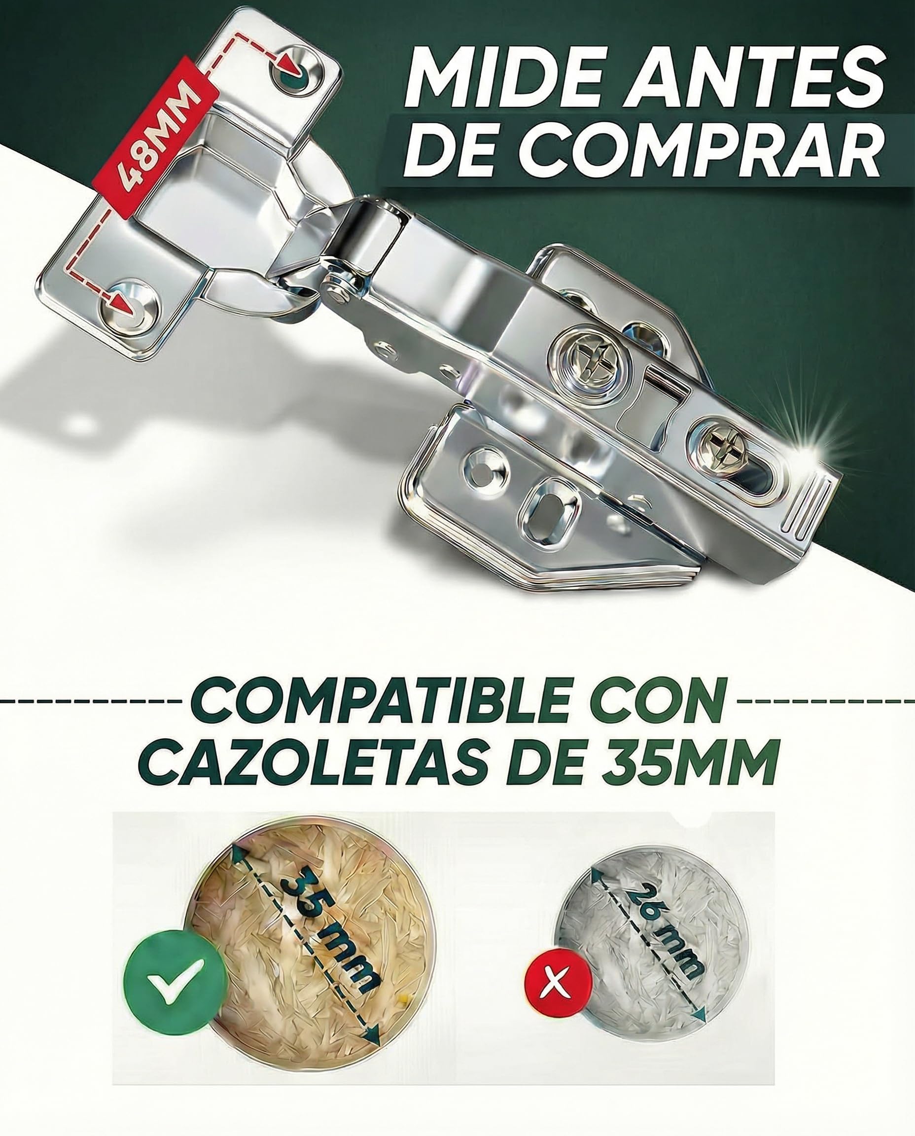 Bisagras Puertas Cocina (8 Unidades) - Cazoleta 35 mm Rectas y Cierre Suave - Bisagras Armarios y Muebles Cocina de 110° amortiguadas con Freno - Totalmente solapadas