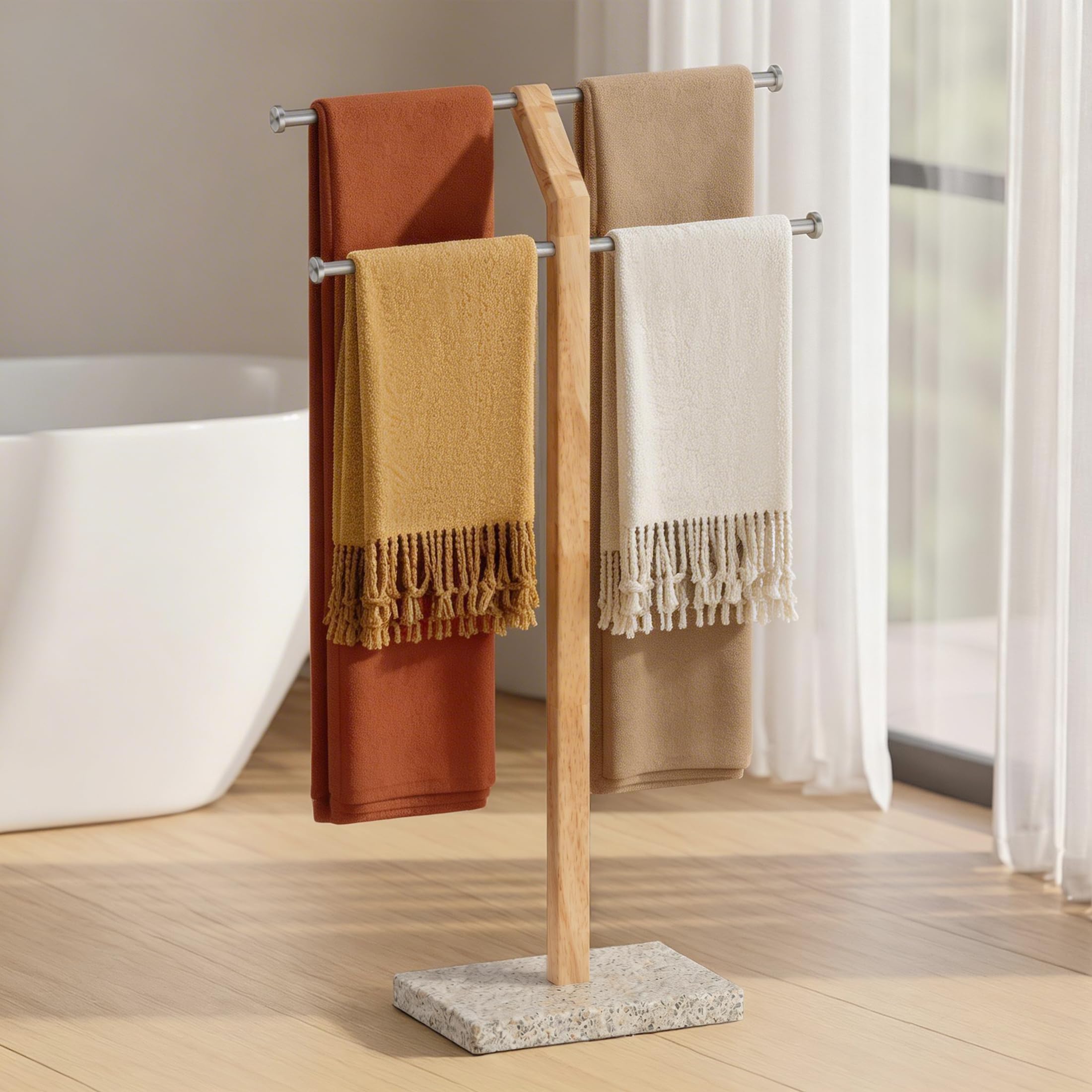 KES Width Adjustable Free Standing Towel Rail with 3X Thicker Weighted Golden Granite Base, 2-Tier Wooden Towel Rail Stand for Bathroom Floor, 18/8 Stainless Steel, Brushed Finish, BTH800-GBS