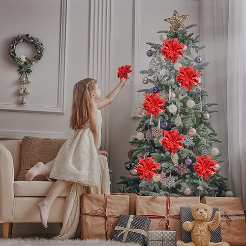 Miniatura 10 de 16 piezas de flores de Pascua artificiales de Navidad con clips y tallos, decoraciones de Pascua de Navidad con purpurina para adornos de árbol de