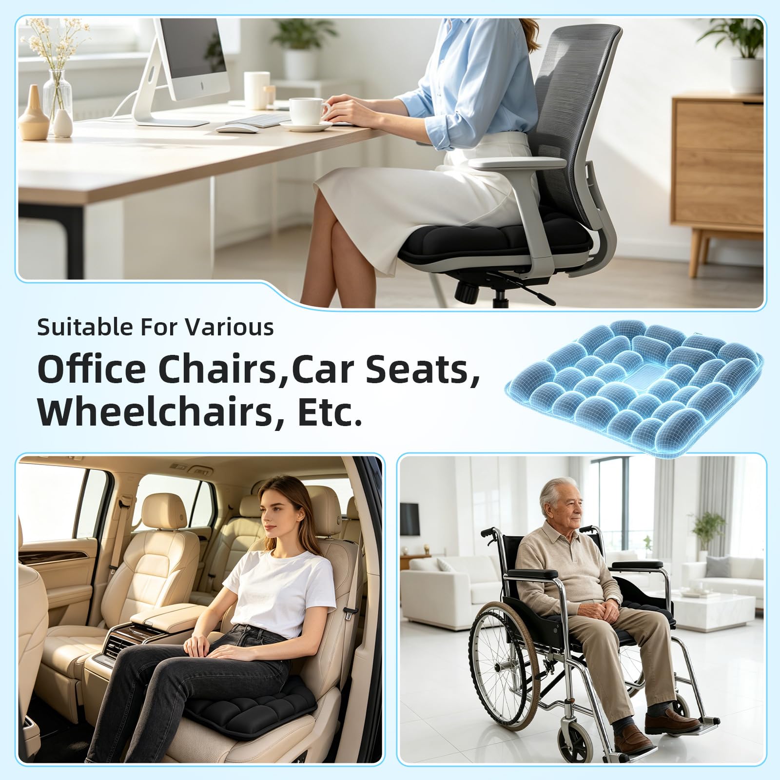 45 x 40 cm, cojín de asiento antidecúbito, ortopédico ergonómico, cojín de asiento ergonómico con células de aire 3D, cojín inflable para coche, oficina, hogar, silla negro