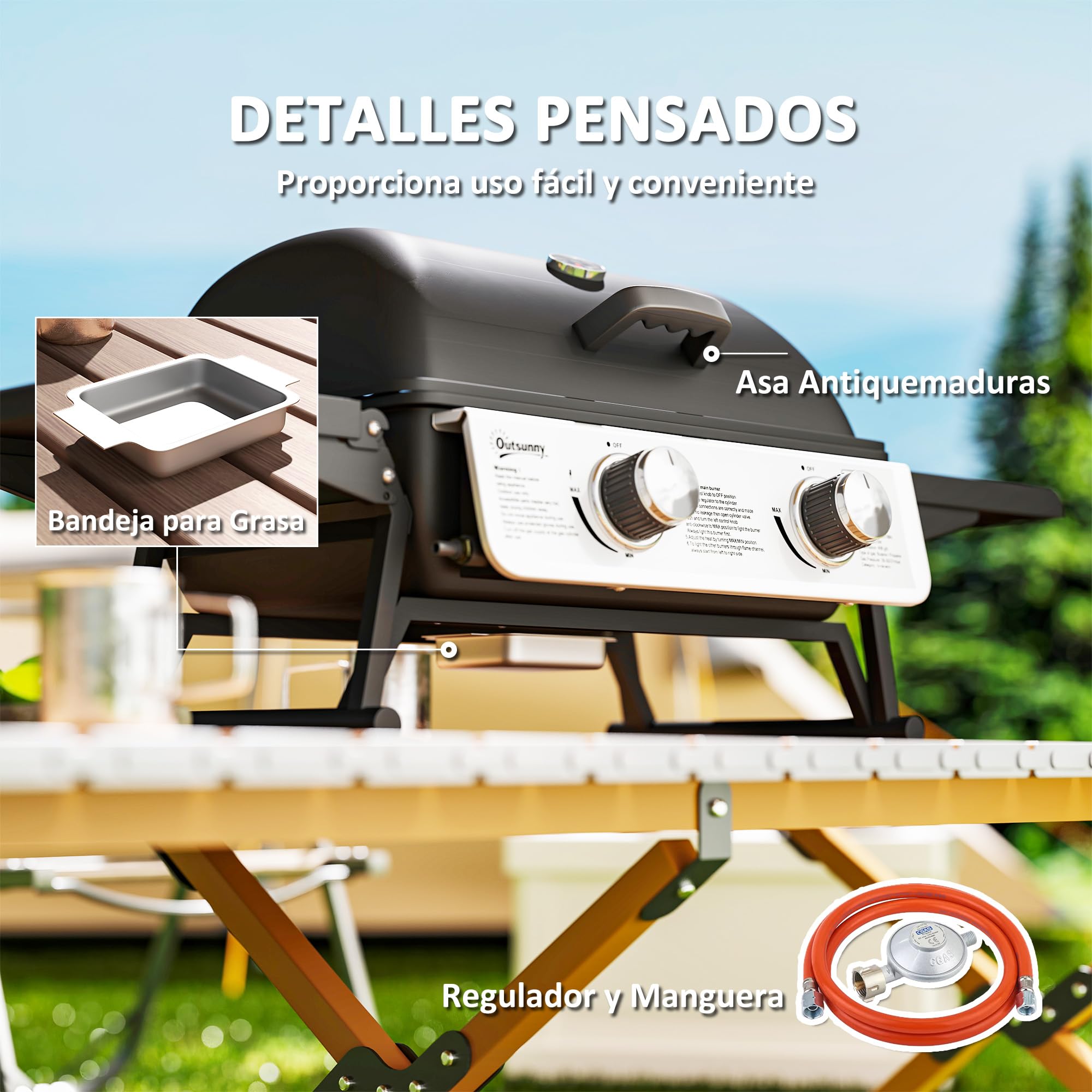 Outsunny Barbacoa de Gas con 2 Quemadores de Acero Inoxidable 5,6 KW Barbacoa Portátil con Mesas Laterales Plegables Bandeja Extraíble y Termómetro para Pícnic Camping 101x48x41 cm Negro