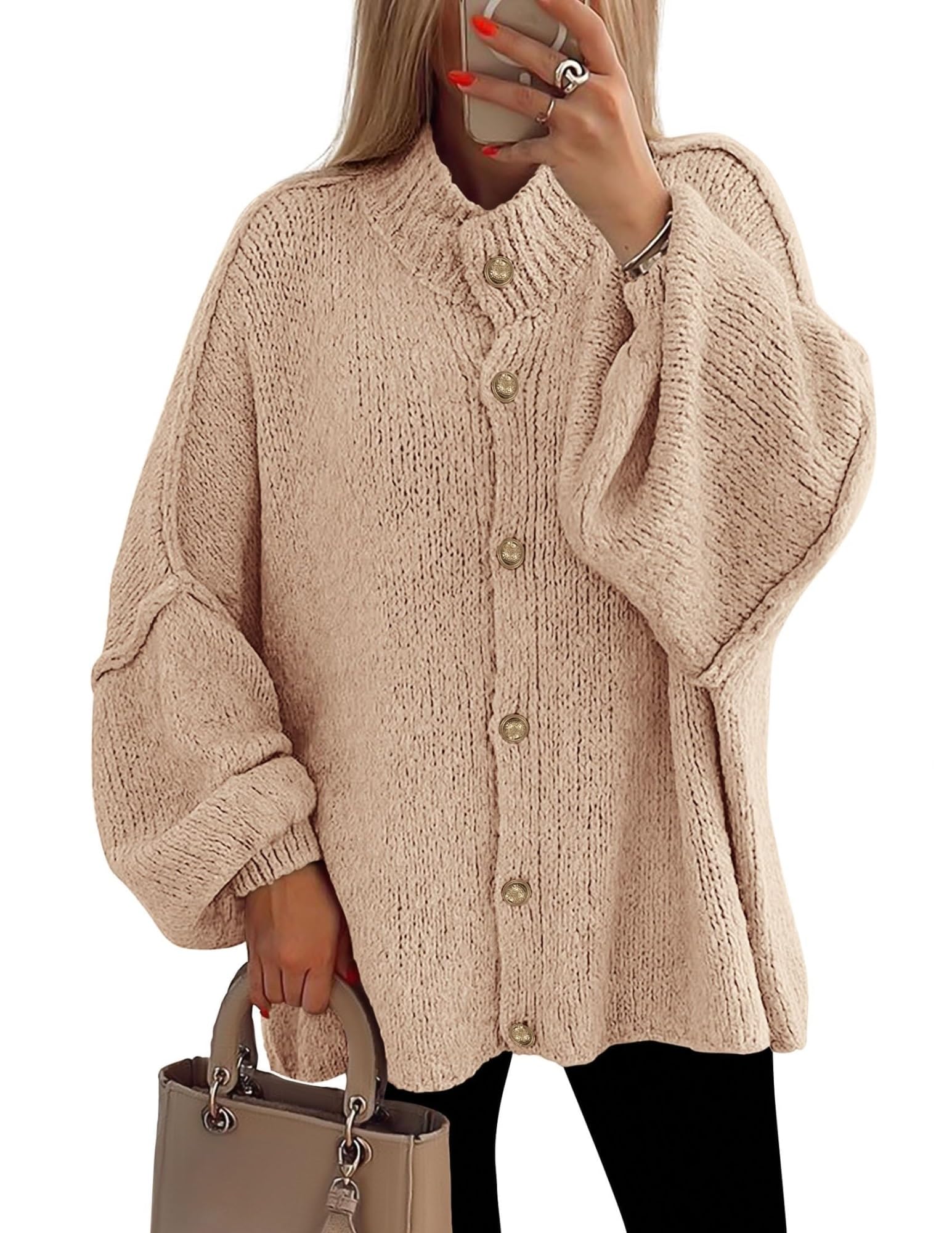 Women's Winter Button Down Cardigan Sweaters Mock Neck Lantern Long Sleeve Chunky Knit Jacket Trendy Outerwear(Apricot,L)