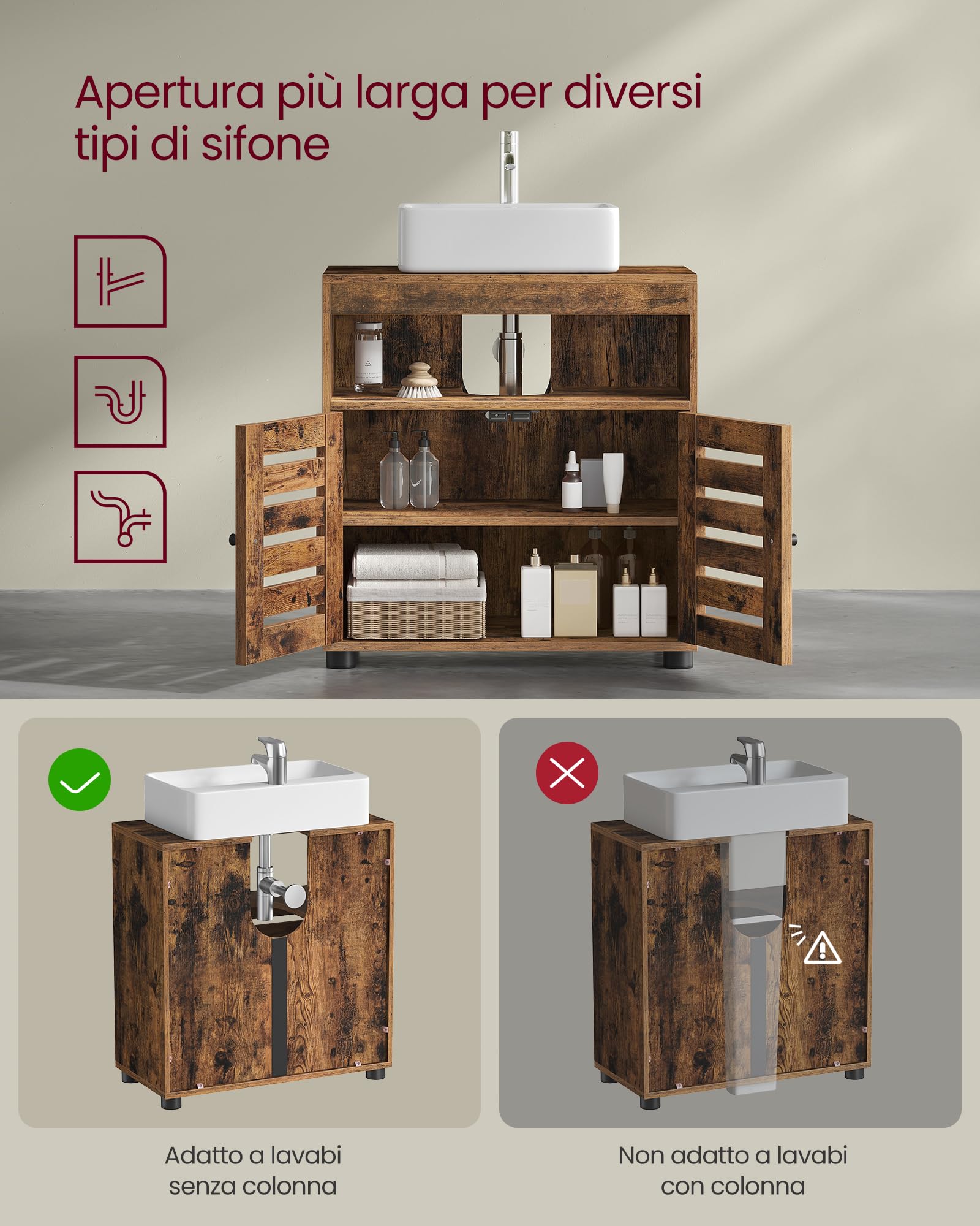 VASAGLE Mobile Sottolavabo, Mobiletto da Bagno, Armadietto Portaoggetti, 30 x 60 x 64 cm, Adatto a Lavabi senza Colonna, con Doppia Anta a Persiana, Ripiano Regolabile, Marrone Vintage BBK04BX