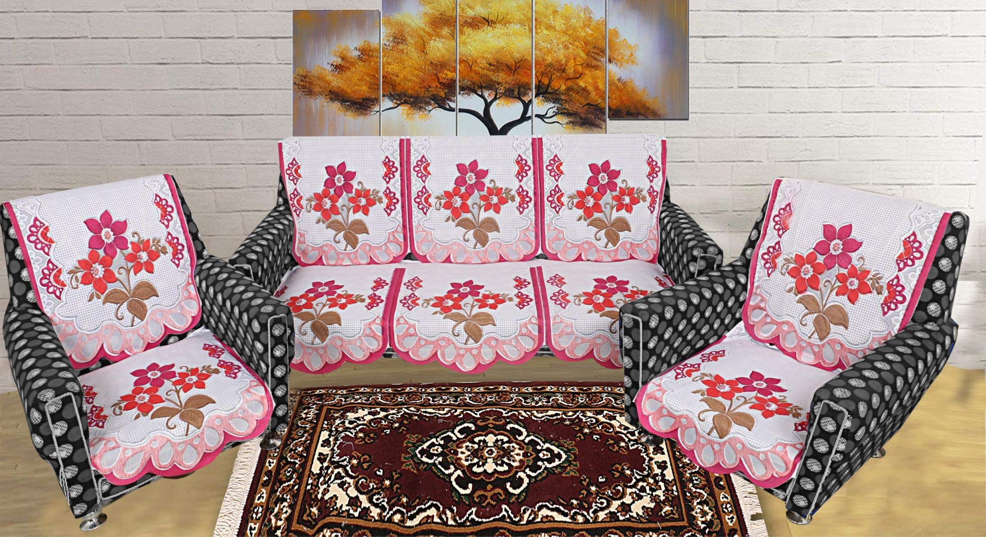 Dakshya Industries Floral Cotton 6 Piece 5 Seater Sofa Cover - Pink-picture-12