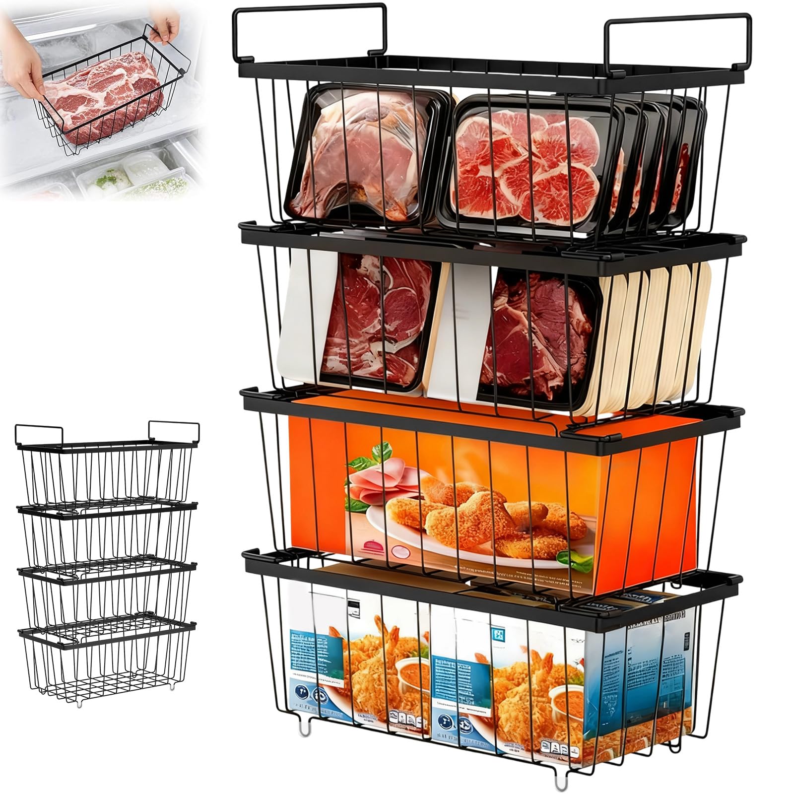 4 Cesti Congelatore con Manici, Contenitori Organizer Congelatore Pozzetto Filo Metallico Impilabile, Cesto Metallo Freezer Cestini Portaoggetti Frigorifero per Facile Accesso Agli Alimenti Surgelati