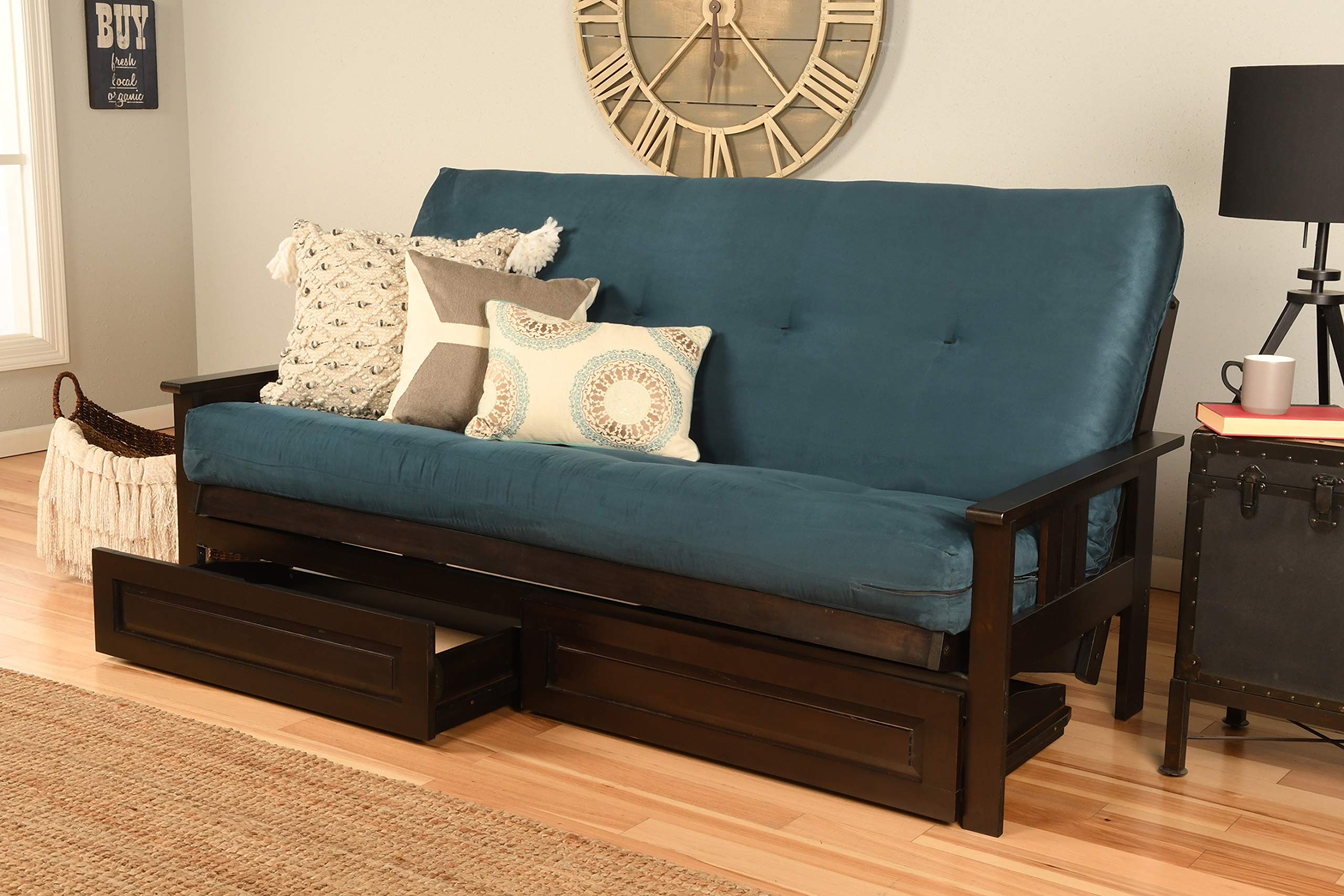 Kodiak Furniture Monterey Futon Set with Storage Drawers, with Espresso Base and Suede Navy Mattress