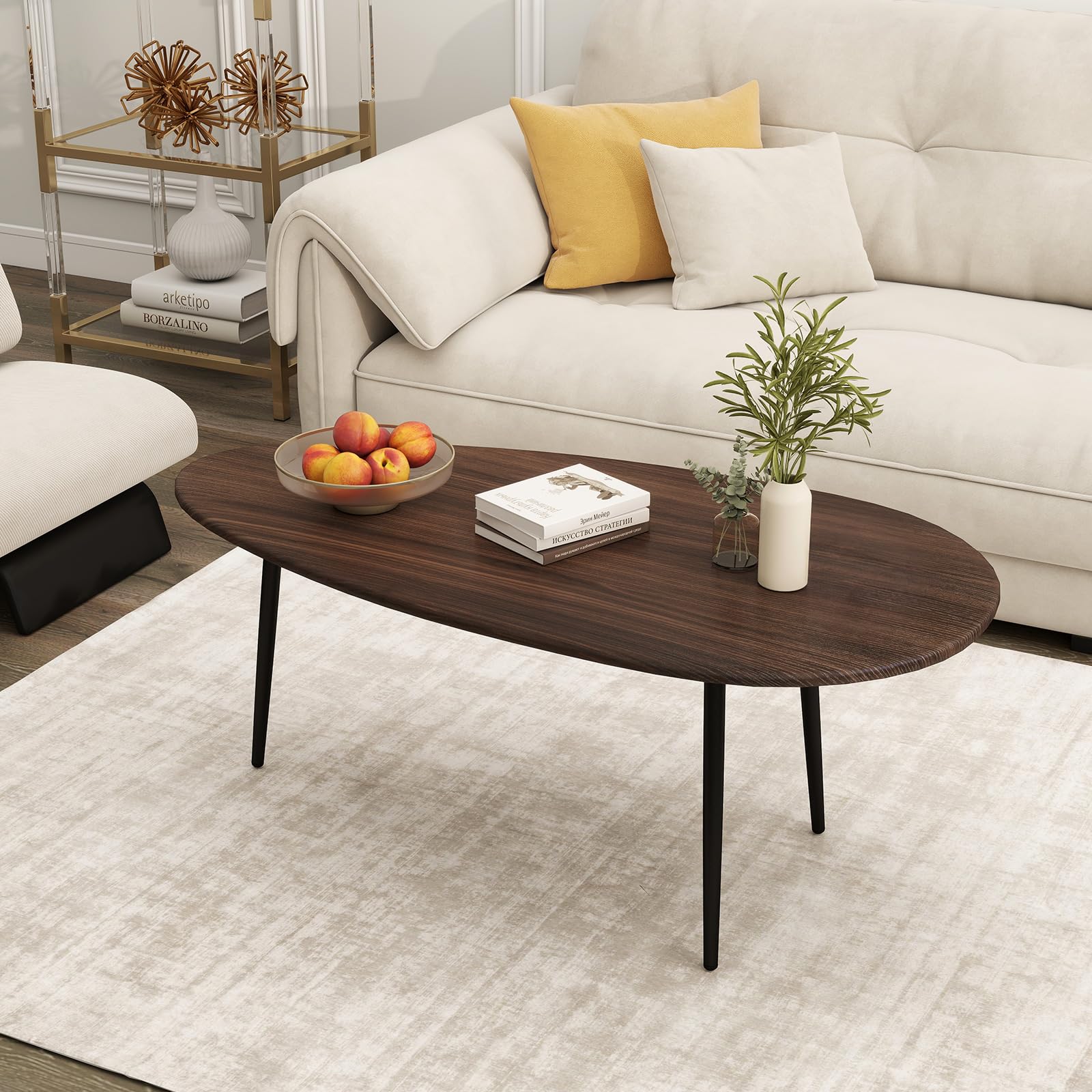 COSTWAY Mesa de Centro Ovalada, Mesita Central con Construcción Metálica Resistente y Diseño Compacto para Sofá, Mesita Auxiliar para Salon, Oficina, Mesita de Café, 108 x 56 x 44 cm (Nogal)