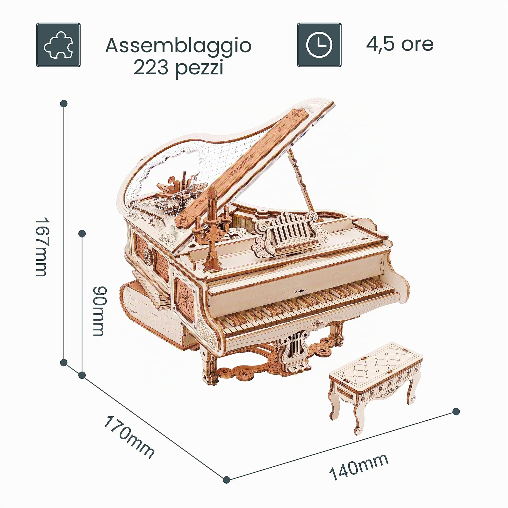 ROKR Puzzle 3D Legno Modellismo da Costruire Adulti Modellini Carillon Pianoforte Magico Modello Meccanico Set di Costruzione Artigianato per Adulti Regali Natale 223pcs, Magic Piano