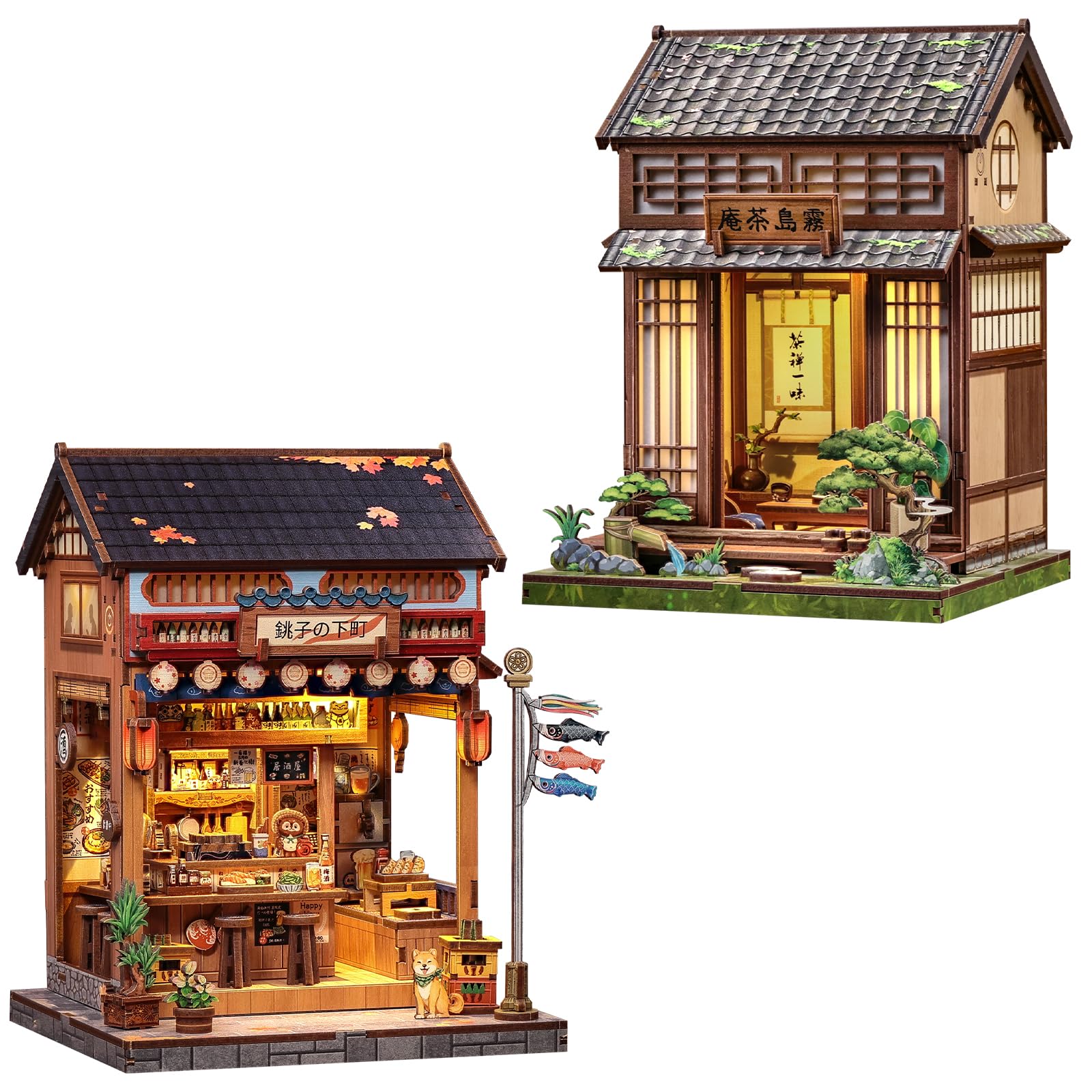 Cutefun Japanese Book Nook - Mit LED-Licht DIY Miniature houseals, Geschenk für puzzleliebhaber -2er-Pack (Izaka-ya Kurosawa&Kirishima Cha-an)