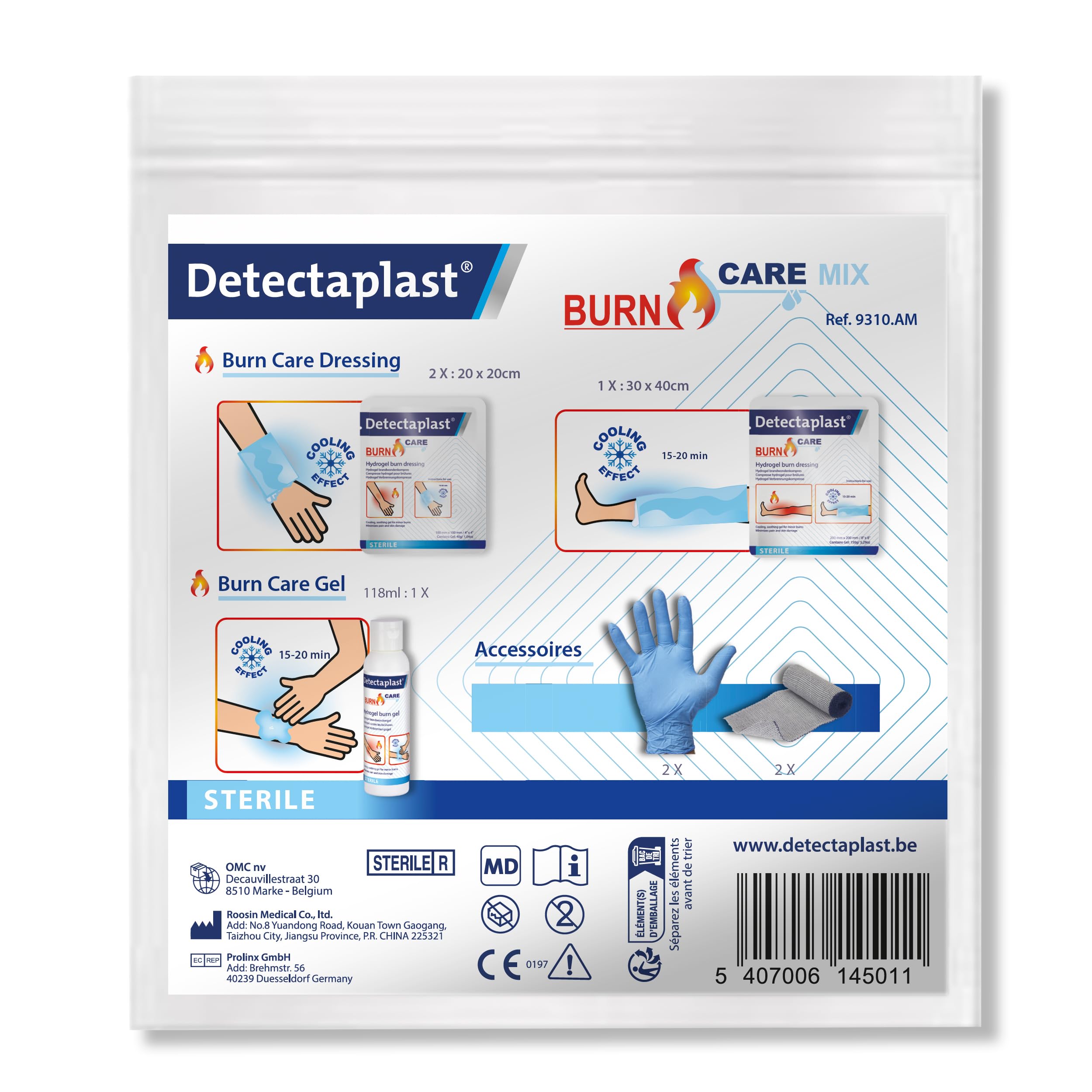 Detectaplast Kit de quemaduras con compresas para quemaduras, gel para heridas, vendajes, guantes, compresas estériles de hidrogel y ungüento para quemaduras – Set de quemaduras