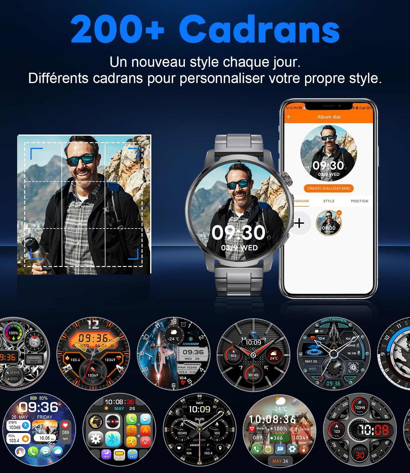 FEELNEVER Montre Connectée Homme avec 1000mAh/1,85'' HD Grand Écran/LED Lampe,Smartwatch Homme avec Moniteur de Fréquence Cardiaque et Sommeil/110+ Modes Sportifs,IP68 Étanche Android iOS, Noir