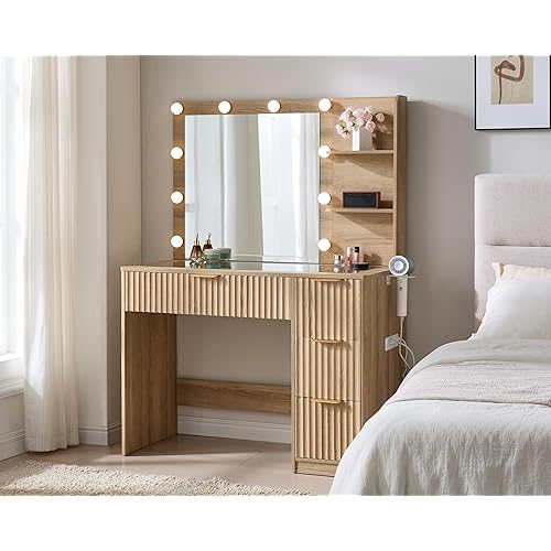 AMERLIFE 36.2" Fluted Vanity Desk with Mirror and Adjustable LED Lights, Large 4 Drawers Makeup Table with Glass Top and Charging Station for Women and Girls, Bedroom or Dorm, Natural Oak