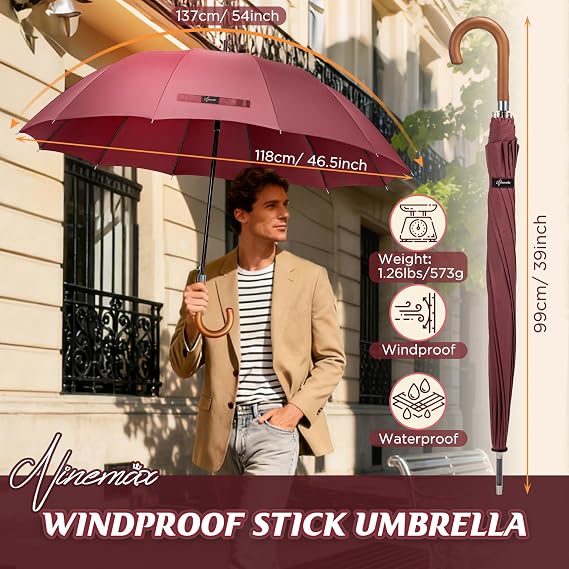 NINEMAX Large Umbrella Windproof Strong, Umbrella Wooden Handle Classic