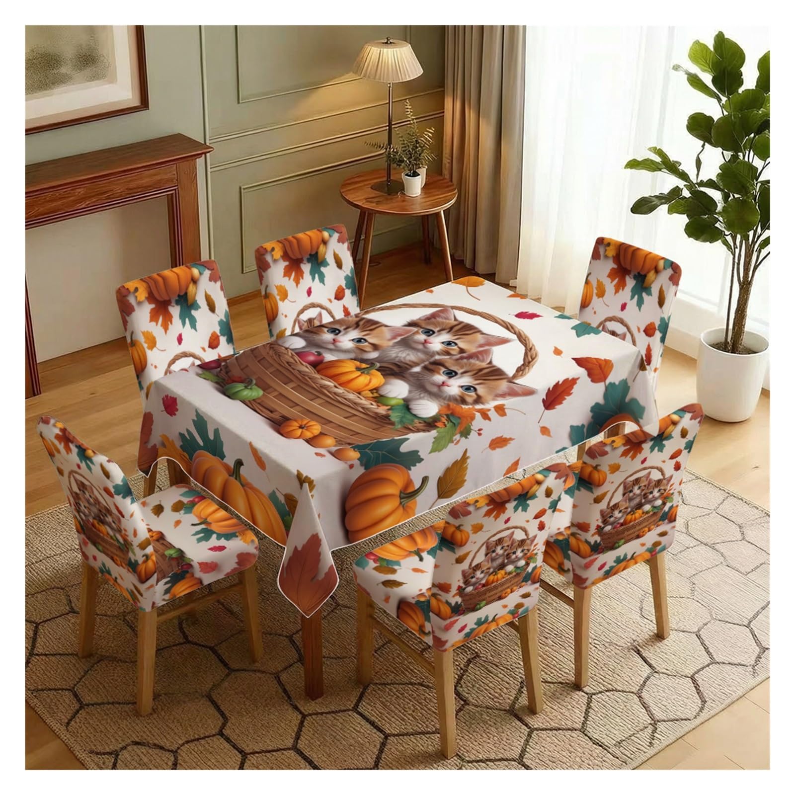 KXUAUV Autumn Kitten Pumpkin Maple Leaf Print Stretch Dining Chair Covers Tablecloth Set, For Kitchen Dining Living Room Thanksgiving Decor, 5/7 Pack Party Decor(7pcs Set: Tablecloth+Chair Covers)