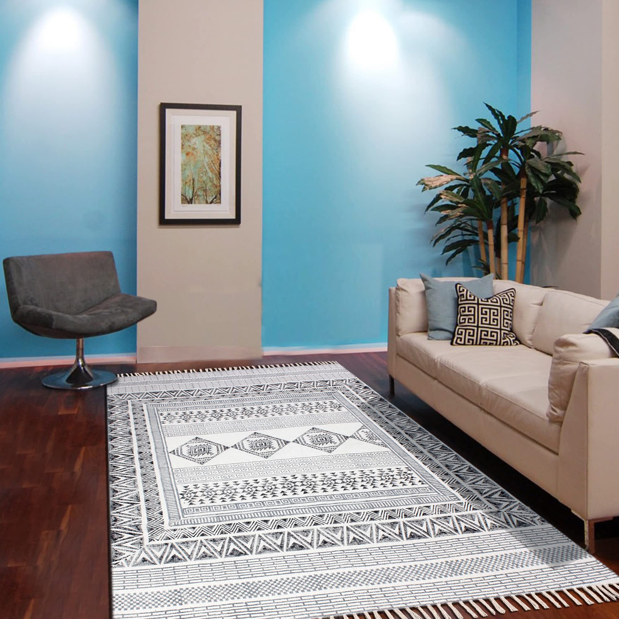 Kilim Bieżnik bawełniany o wymiarach 2,6 x 4, szary i beżowy, chodnik do wnętrz, na zewnątrz, 0,5 cm, kamień, zmywalny, ręczny, bawełniany dywan, chodnik boho, chodnik do kuchni, przy łóżku, na